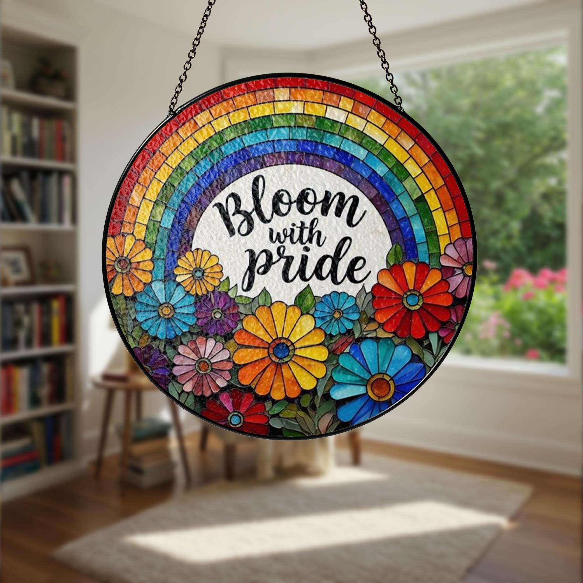 Floral Pride GLASS Suncatcher, Bloom with Pride Window Decor, Rainbow Flower LGBTQ Gift, Colorful Hanging Art, Pride Gift, Pride Decor