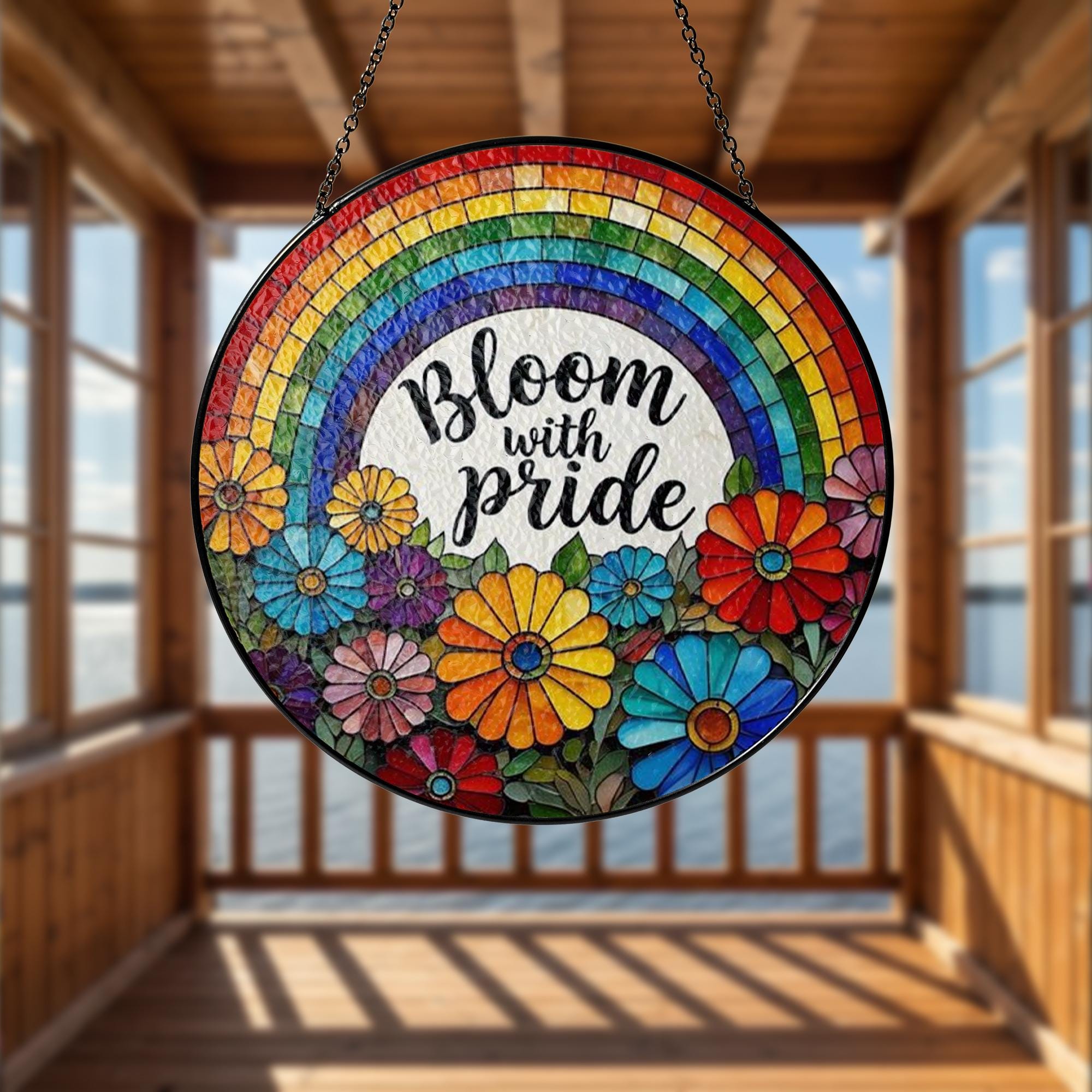Floral Pride GLASS Suncatcher, Bloom with Pride Window Decor, Rainbow Flower LGBTQ Gift, Colorful Hanging Art, Pride Gift, Pride Decor