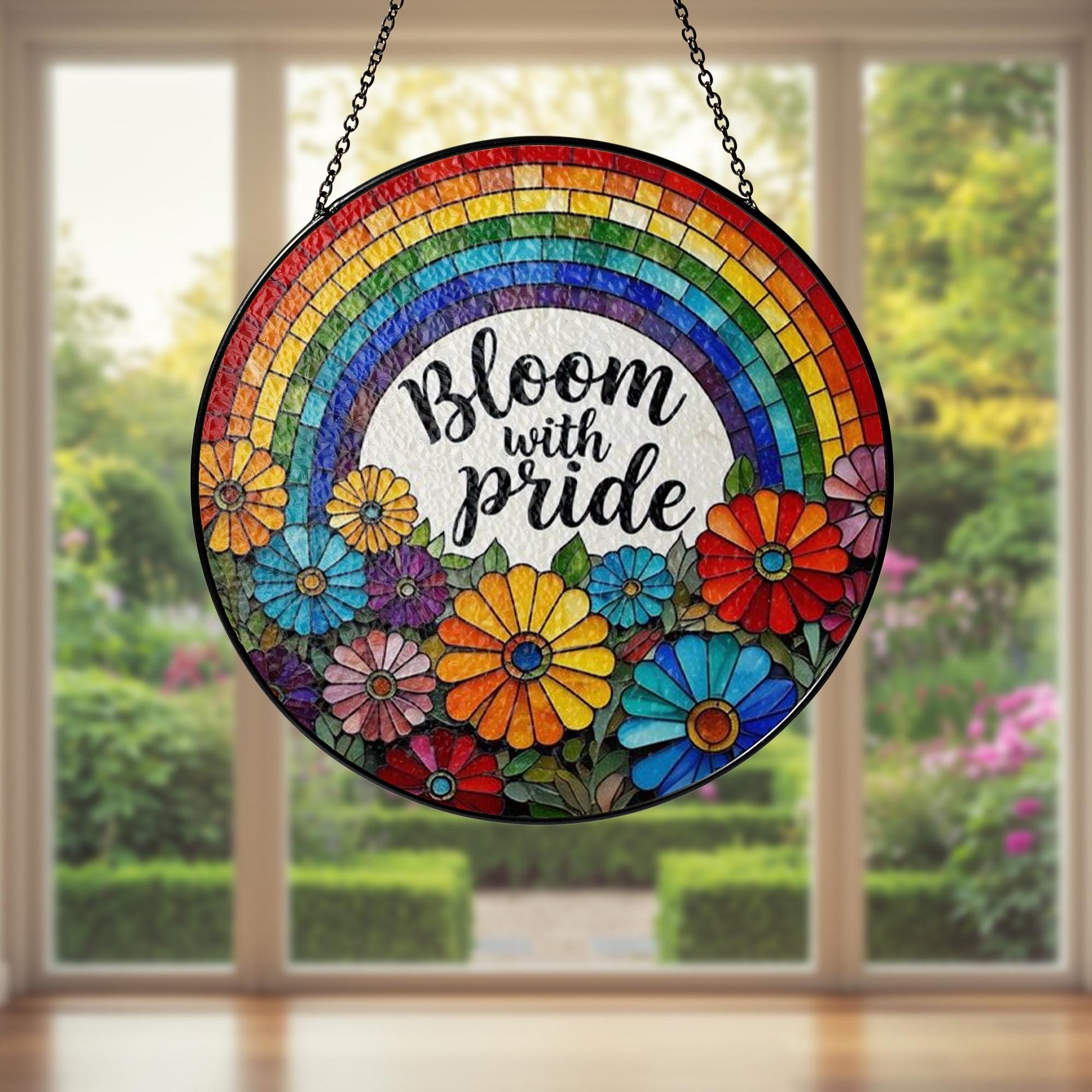 Floral Pride GLASS Suncatcher, Bloom with Pride Window Decor, Rainbow Flower LGBTQ Gift, Colorful Hanging Art, Pride Gift, Pride Decor