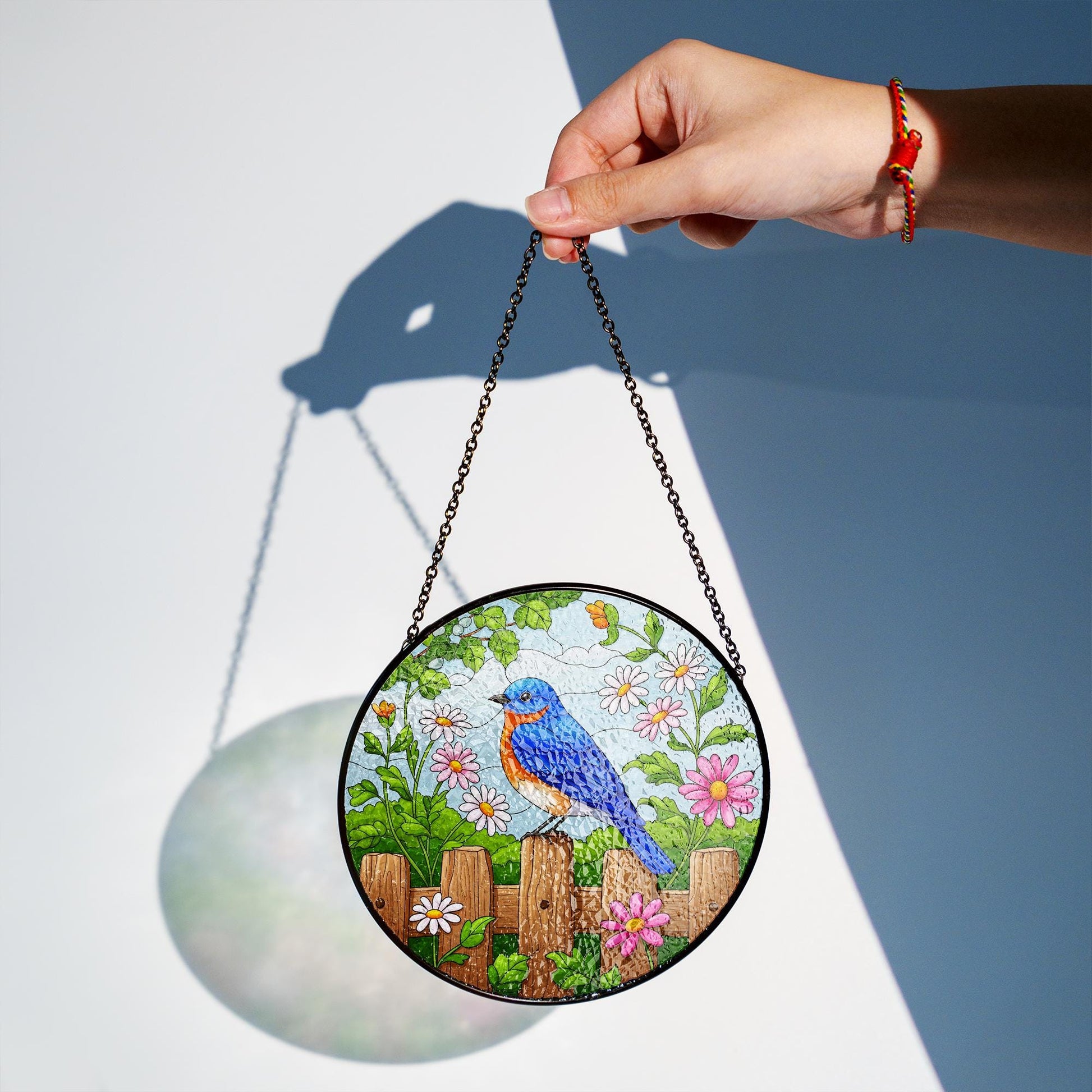 Bluebird on Fence Glass Suncatcher – Colorful Floral Garden Window Hanging, Spring Bird Decor, Garden Decor, Nature-Inspired, Gift For Mom