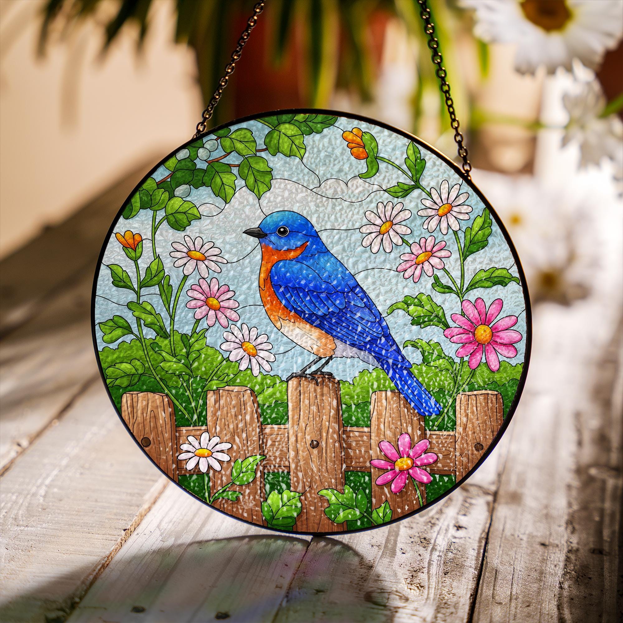 Bluebird on Fence Glass Suncatcher – Colorful Floral Garden Window Hanging, Spring Bird Decor, Garden Decor, Nature-Inspired, Gift For Mom