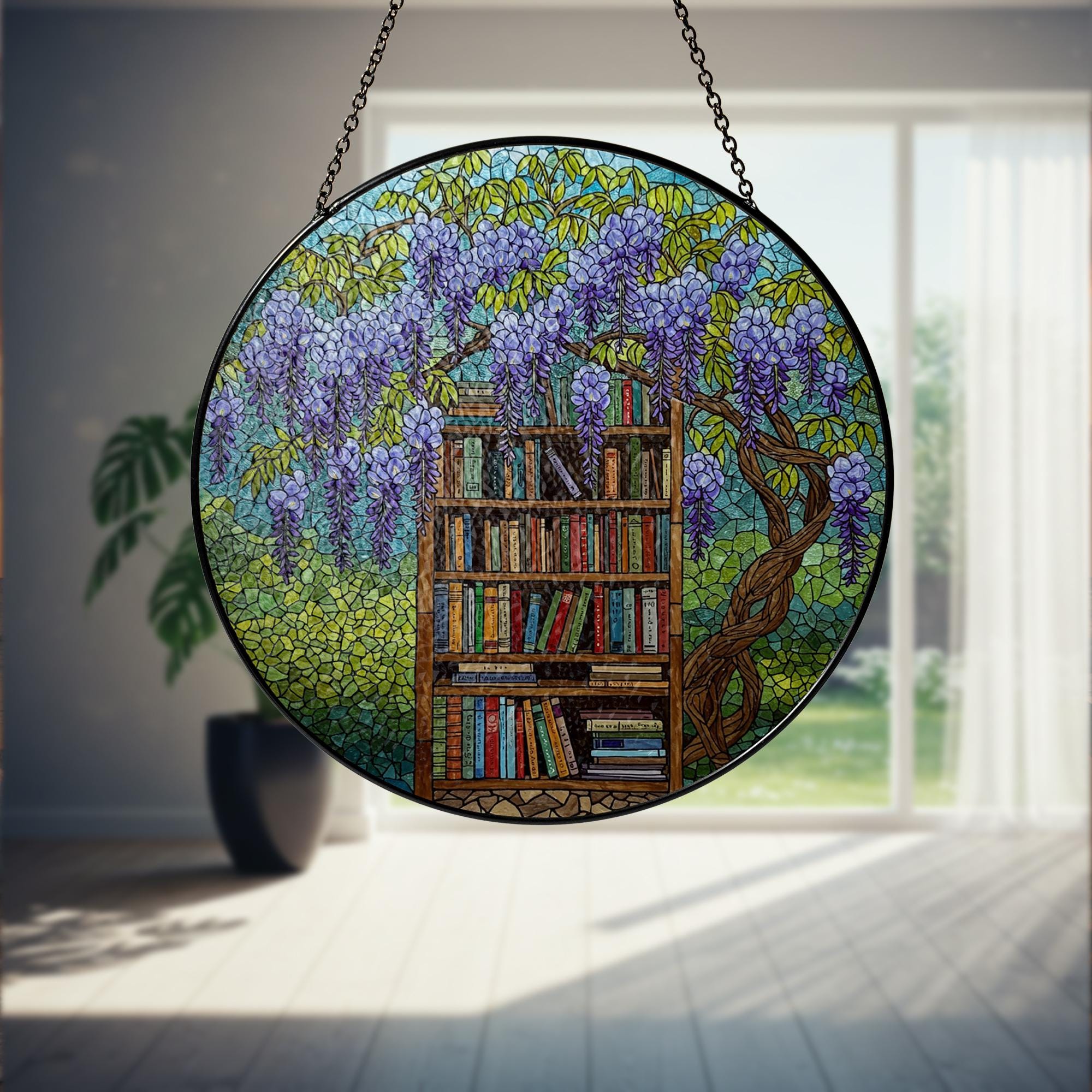 Bookshelf Under Wisteria GLASS Suncatcher, Nature Book Lover Gift, Library Window Hanging, Literary Floral Home Decor, Reading Lover Gift