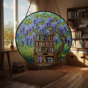 Bookshelf Under Wisteria GLASS Suncatcher, Nature Book Lover Gift, Library Window Hanging, Literary Floral Home Decor, Reading Lover Gift