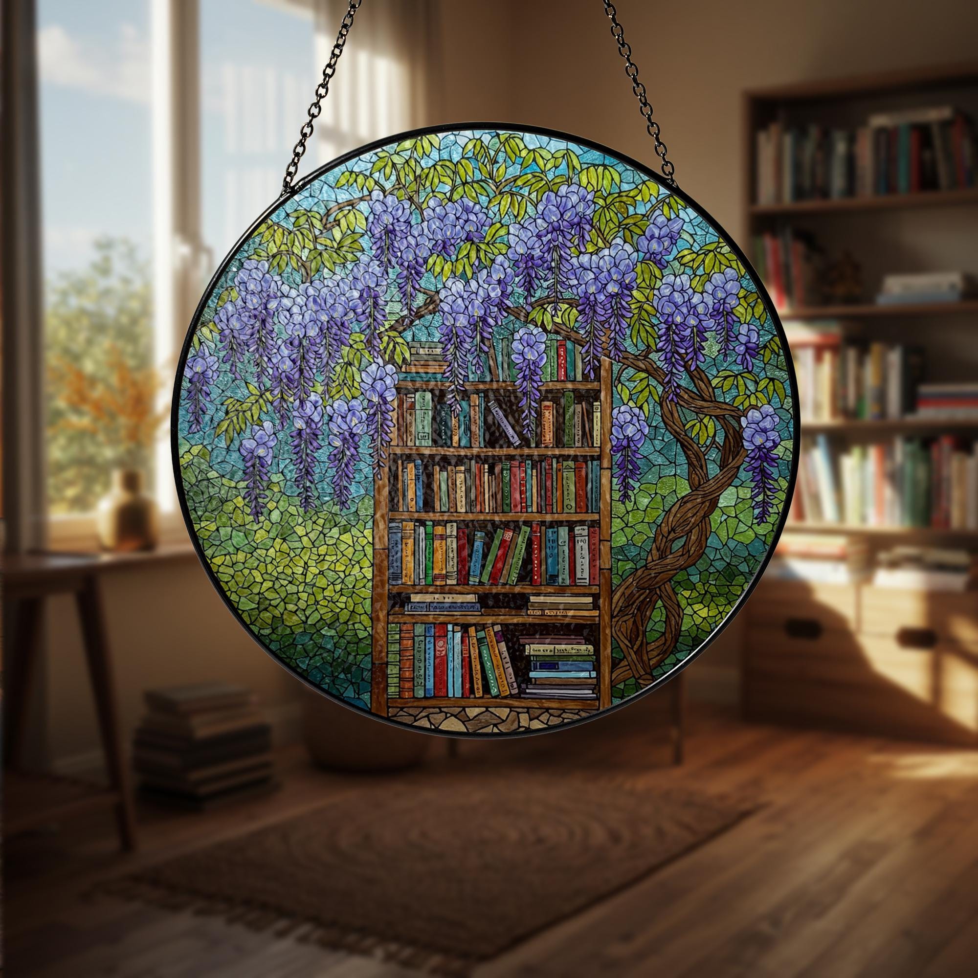 Bookshelf Under Wisteria GLASS Suncatcher, Nature Book Lover Gift, Library Window Hanging, Literary Floral Home Decor, Reading Lover Gift