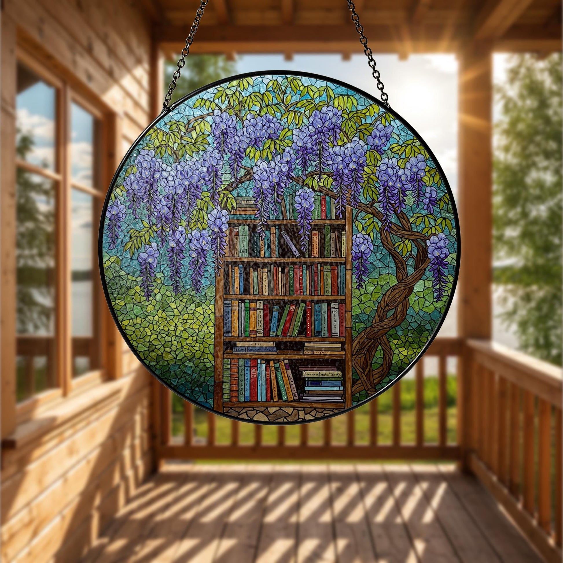 Bookshelf Under Wisteria GLASS Suncatcher, Nature Book Lover Gift, Library Window Hanging, Literary Floral Home Decor, Reading Lover Gift
