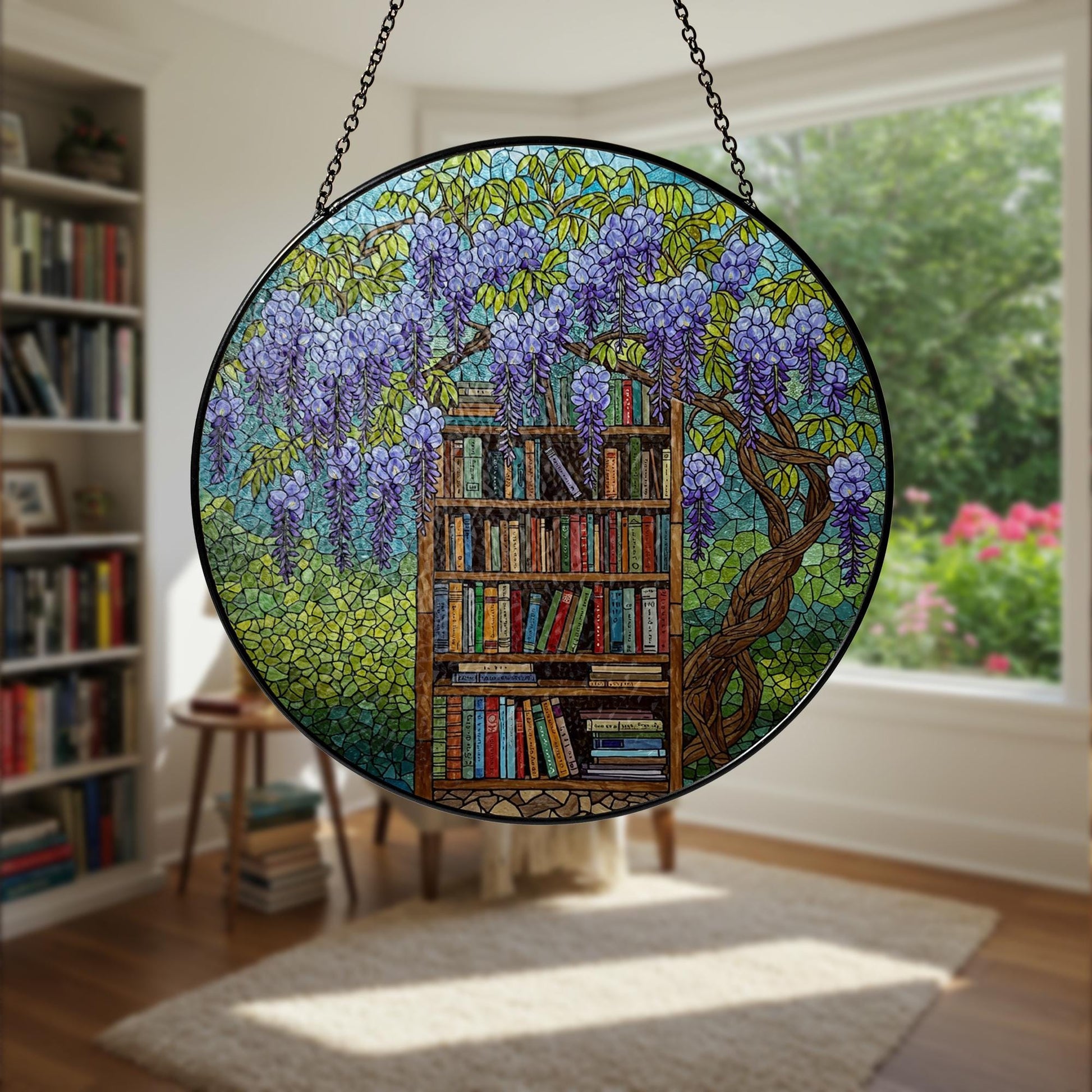 Bookshelf Under Wisteria GLASS Suncatcher, Nature Book Lover Gift, Library Window Hanging, Literary Floral Home Decor, Reading Lover Gift