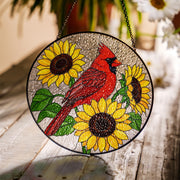 Cardinal and Sunflowers Glass Suncatcher – Vibrant Red Bird Window Hanging, Nature Glass Decor, Summer Garden Gift Idea, Gift For Mom