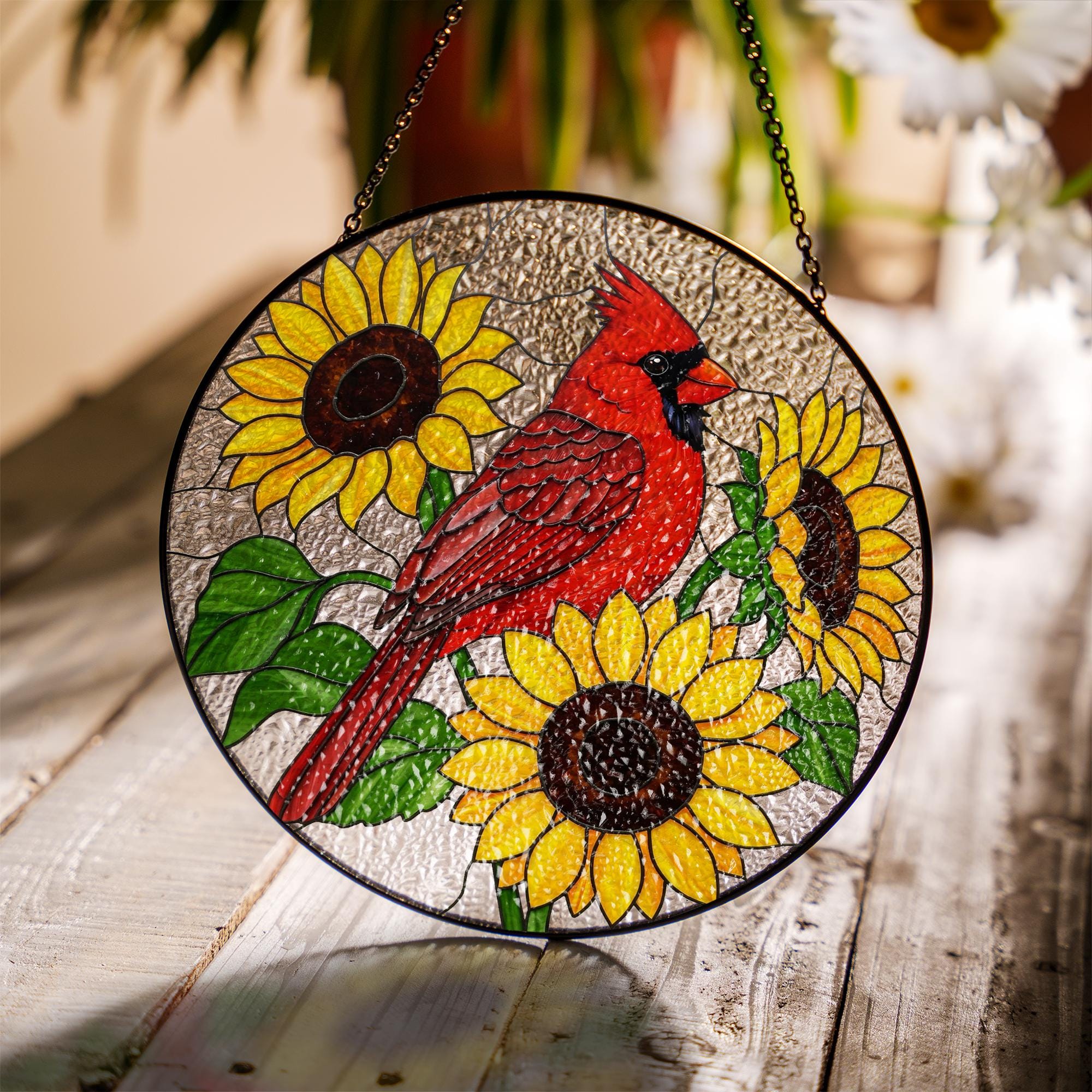 Cardinal and Sunflowers Glass Suncatcher – Vibrant Red Bird Window Hanging, Nature Glass Decor, Summer Garden Gift Idea, Gift For Mom