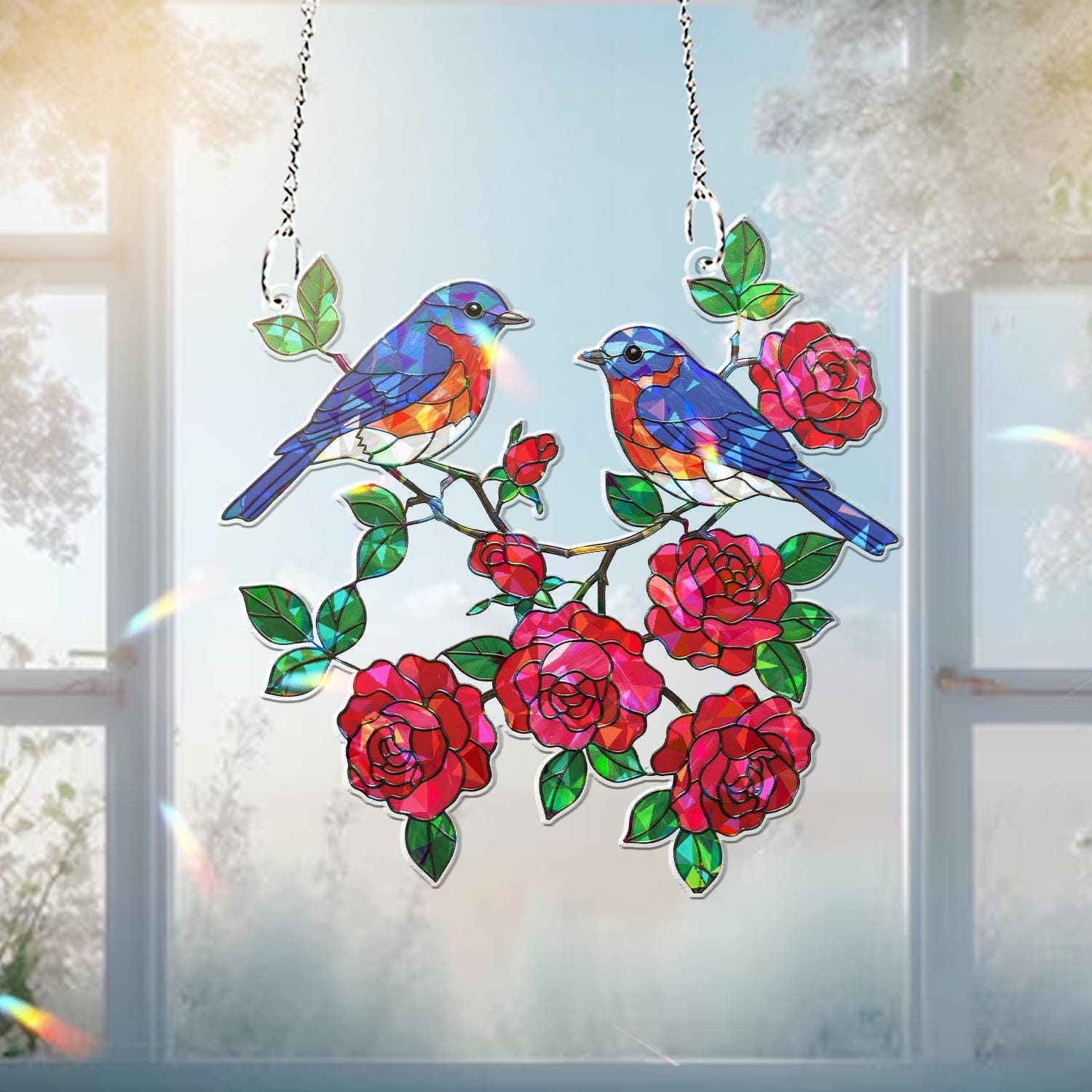 Bluebird and Roses Hologram Acrylic Window Hanging – Bird Lover Gift, Romantic Floral Home Decor, Gift For Mom, Rose Lover Gift, Bird Lover