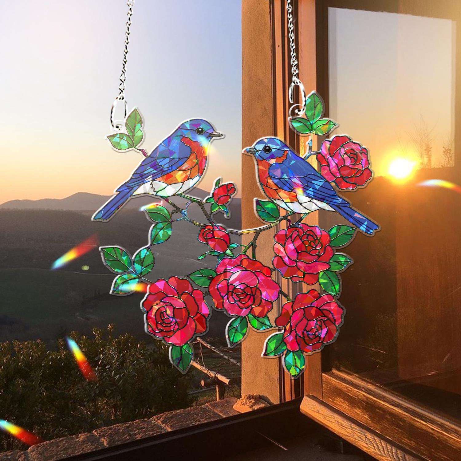 Bluebird and Roses Hologram Acrylic Window Hanging – Bird Lover Gift, Romantic Floral Home Decor, Gift For Mom, Rose Lover Gift, Bird Lover