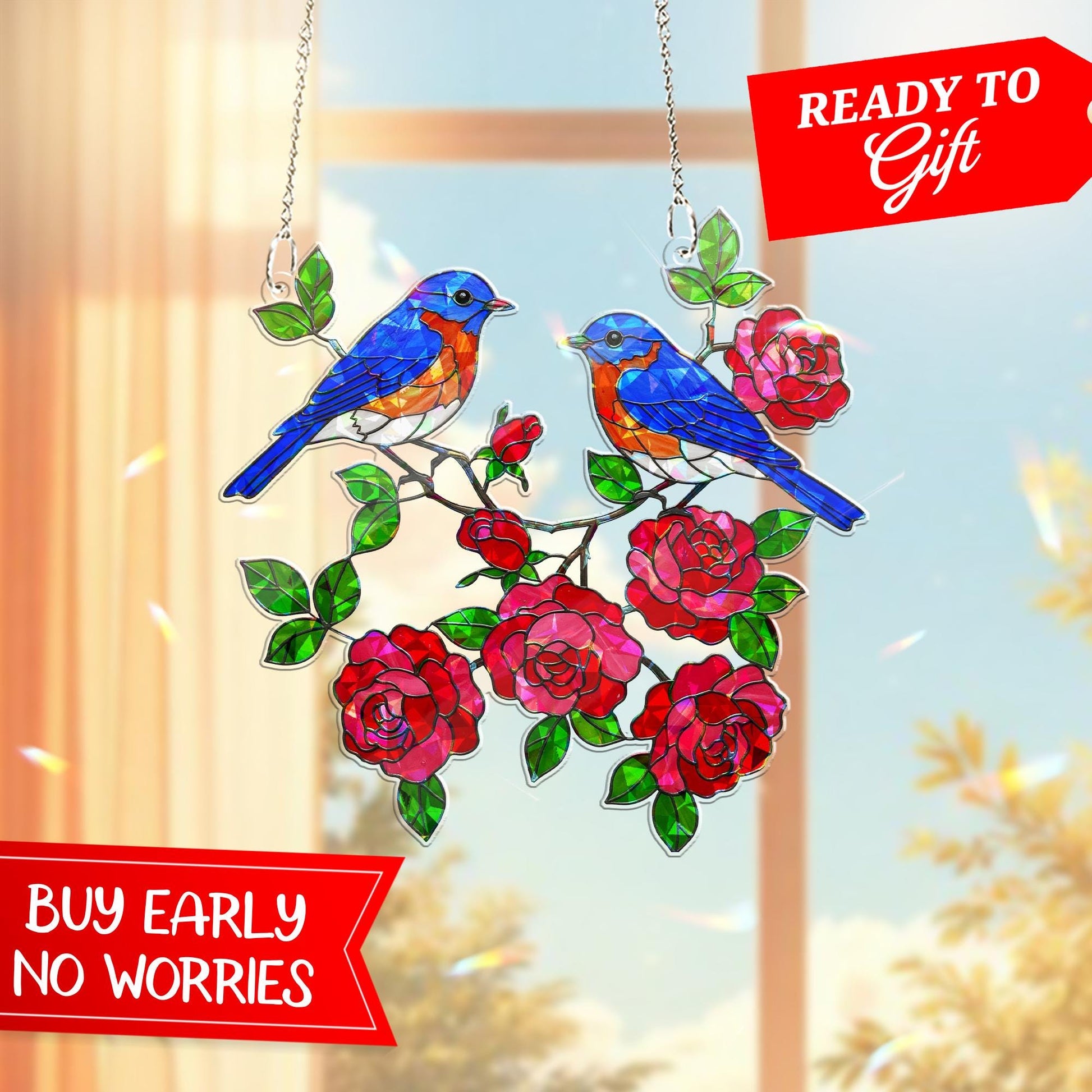 Bluebird and Roses Hologram Acrylic Window Hanging – Bird Lover Gift, Romantic Floral Home Decor, Gift For Mom, Rose Lover Gift, Bird Lover