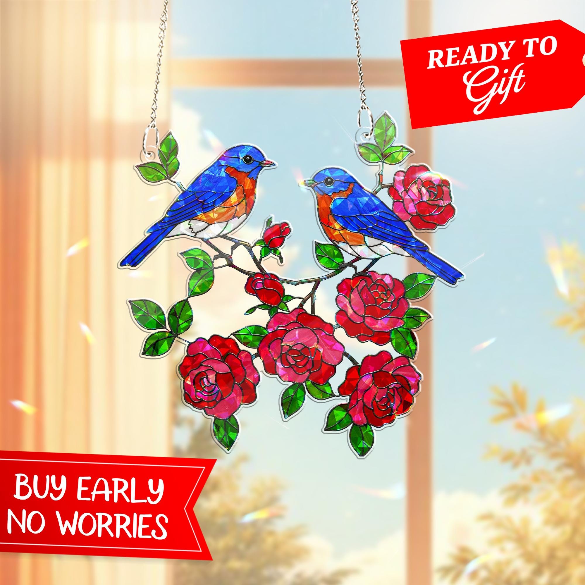 Bluebird and Roses Hologram Acrylic Window Hanging – Bird Lover Gift, Romantic Floral Home Decor, Gift For Mom, Rose Lover Gift, Bird Lover