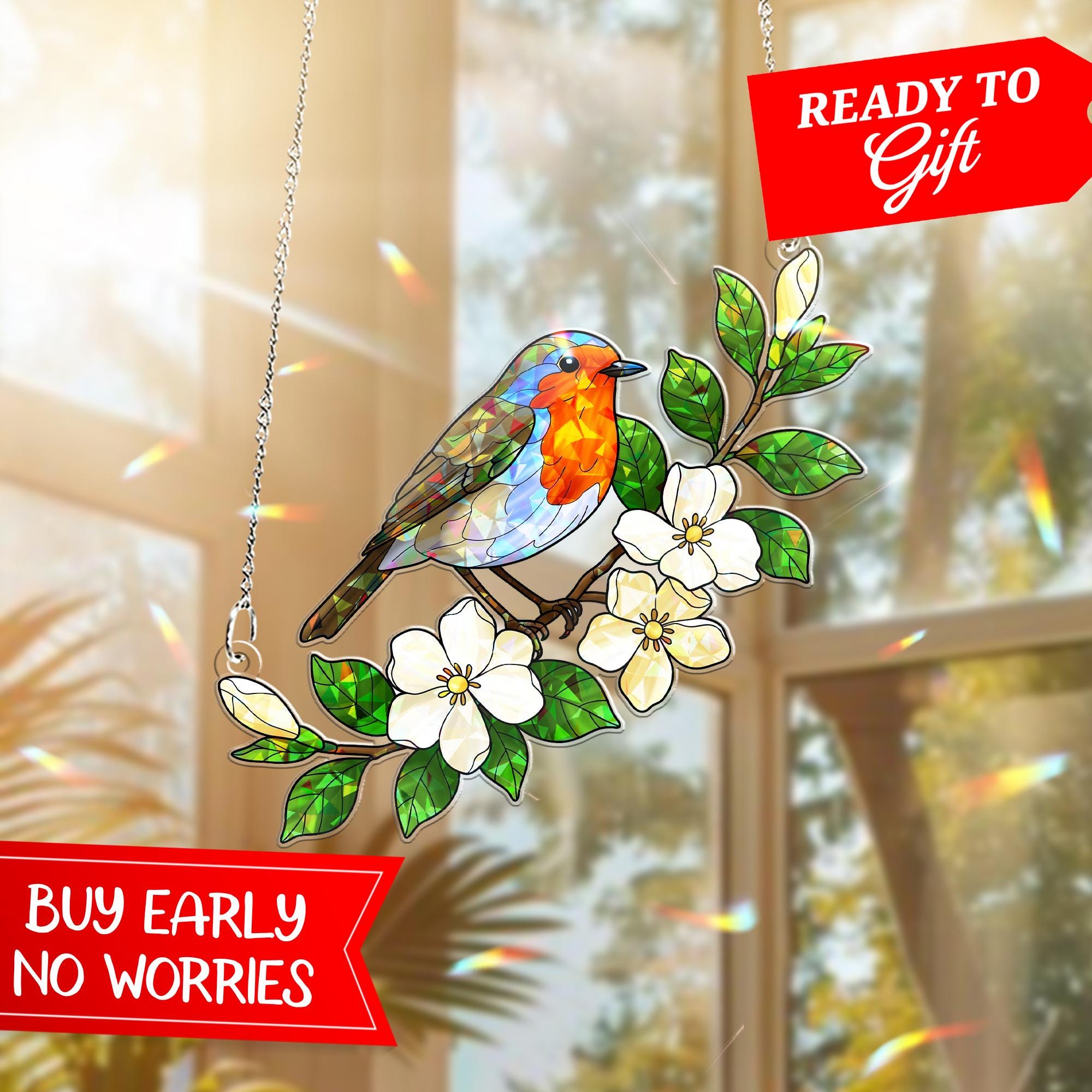 Robin Bird & Jasmine Flower Hologram Acrylic Window Hanging – Spring Decor Gift, Nature Inspired Home Accent, Gift For Mom