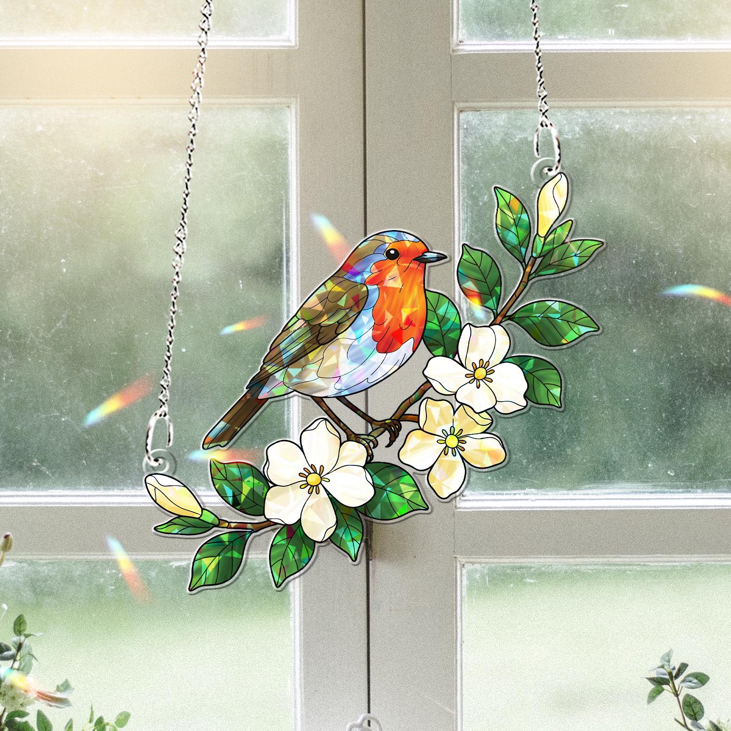 Robin Bird & Jasmine Flower Hologram Acrylic Window Hanging – Spring Decor Gift, Nature Inspired Home Accent, Gift For Mom