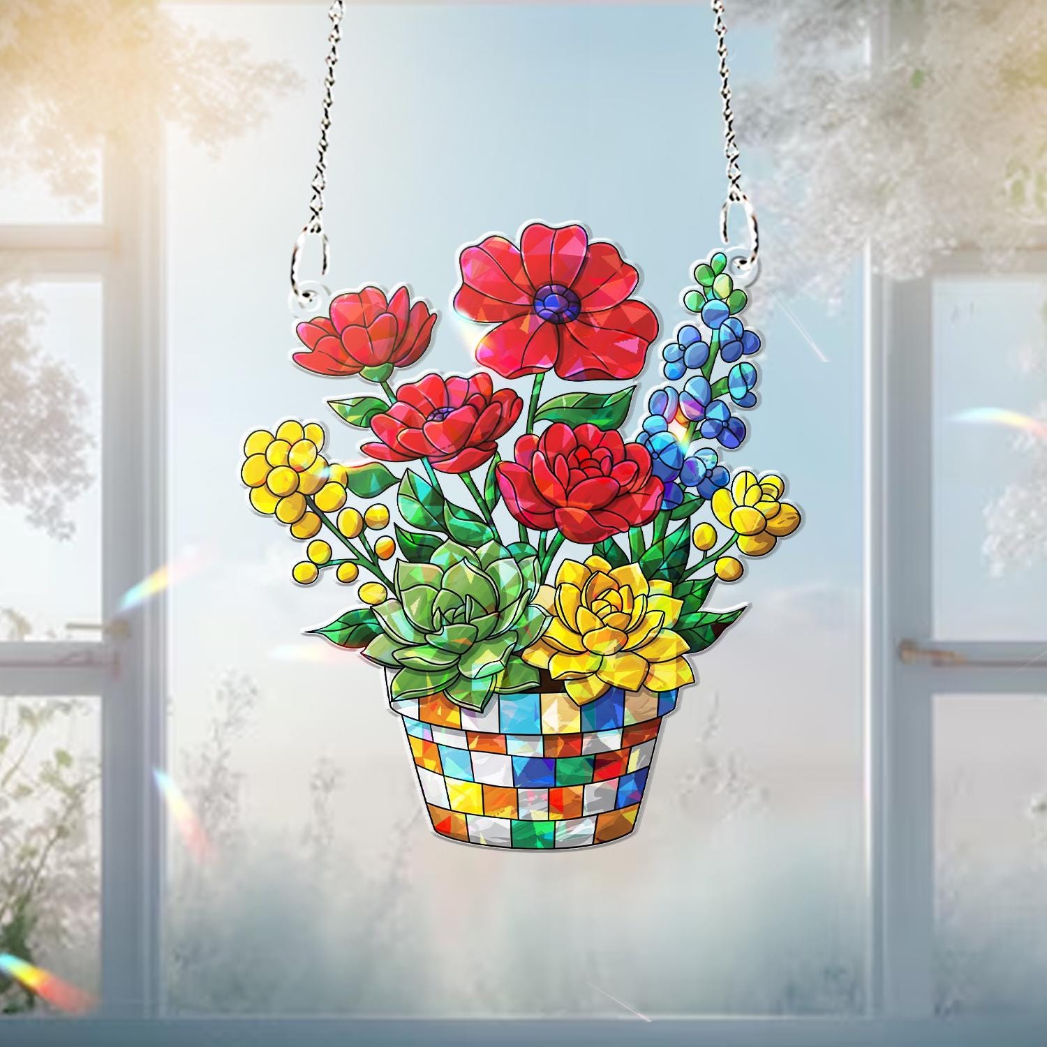Colorful Floral Basket Hologram Acrylic Window Hanging – Spring Decor, Garden Lover Gift, Home Window Charm, Gift For Mom