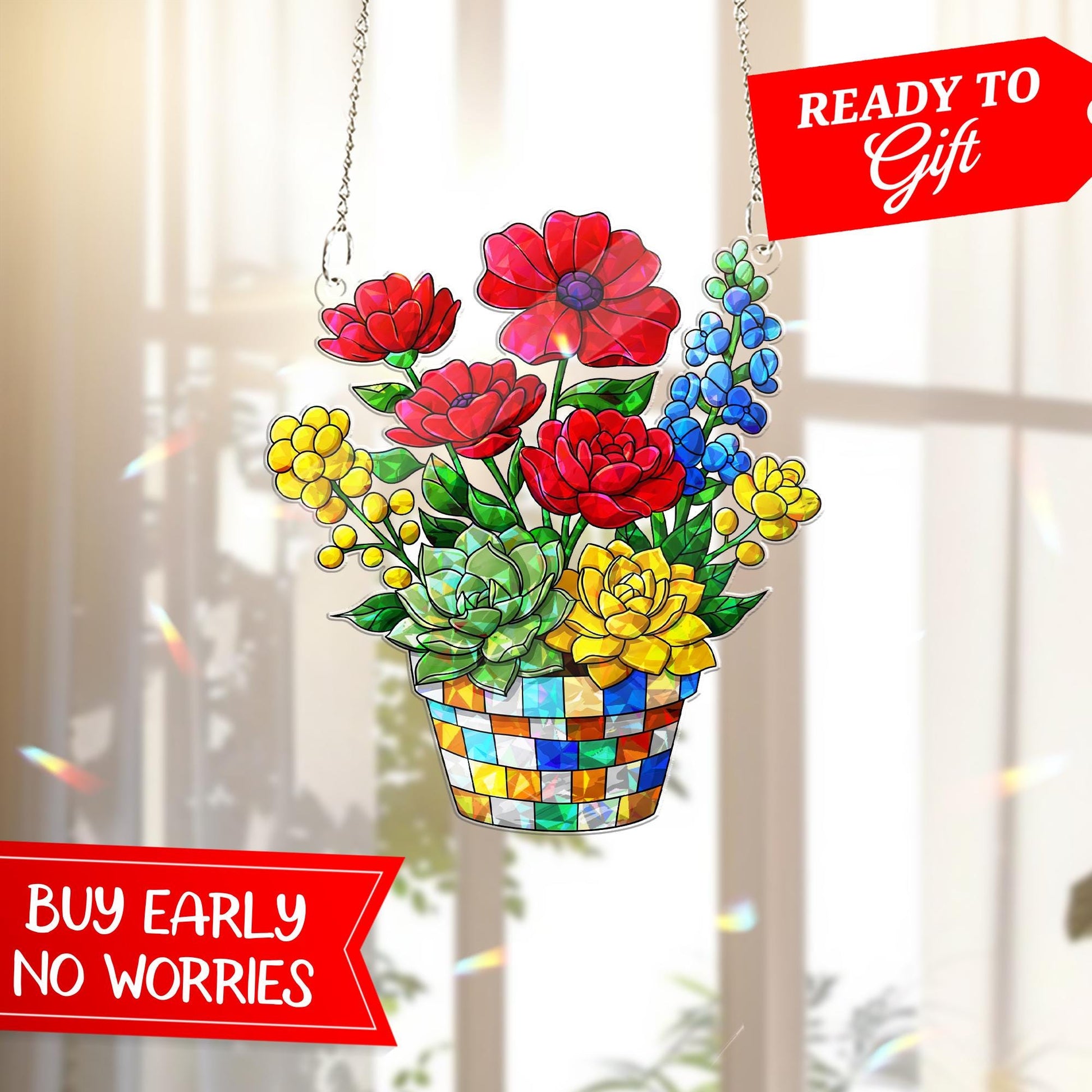 Colorful Floral Basket Hologram Acrylic Window Hanging – Spring Decor, Garden Lover Gift, Home Window Charm, Gift For Mom