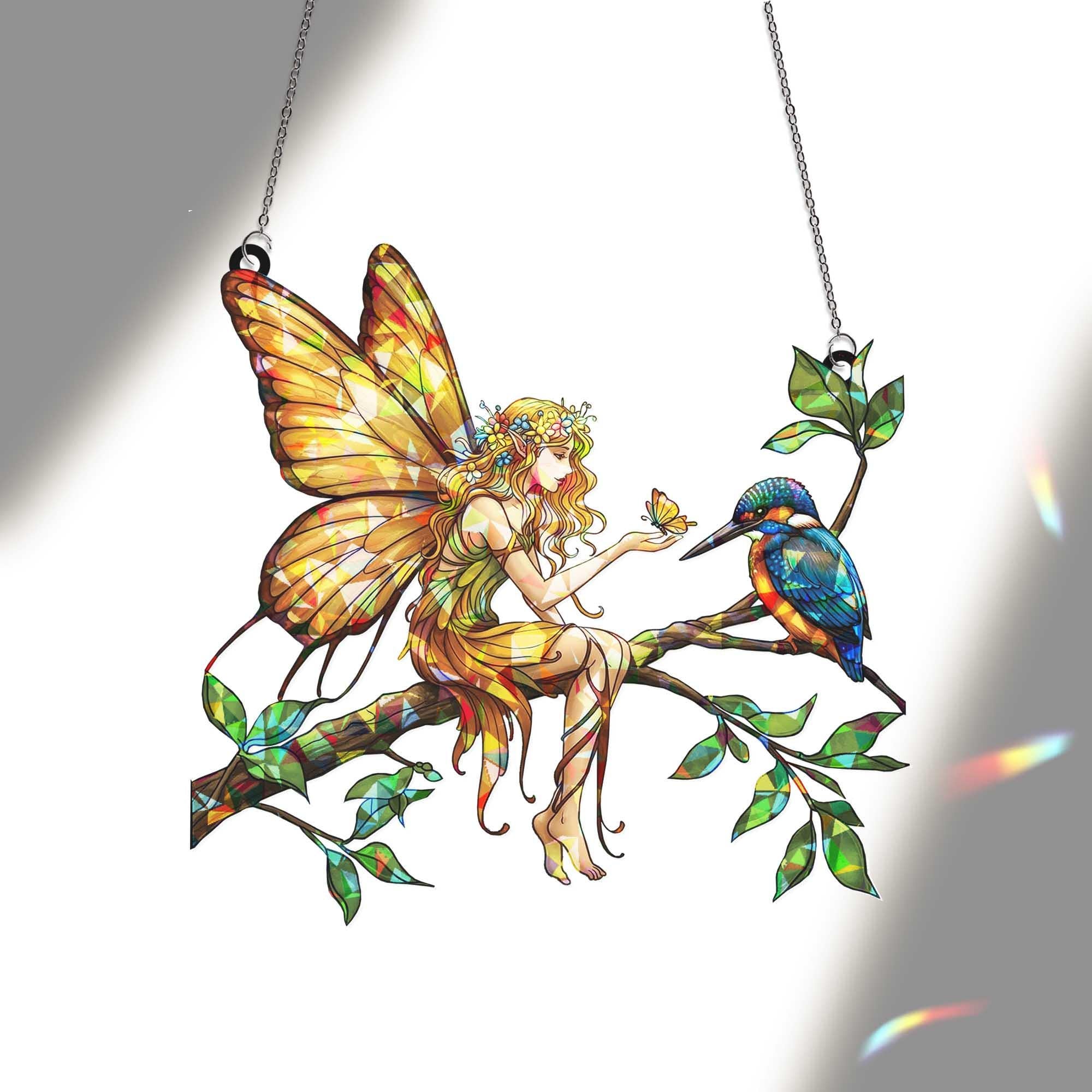 Fairy and Bird Hologram Window Hanging, Fantasy Suncatcher Decor, Fairy Art, Whimsical Woodland Gift