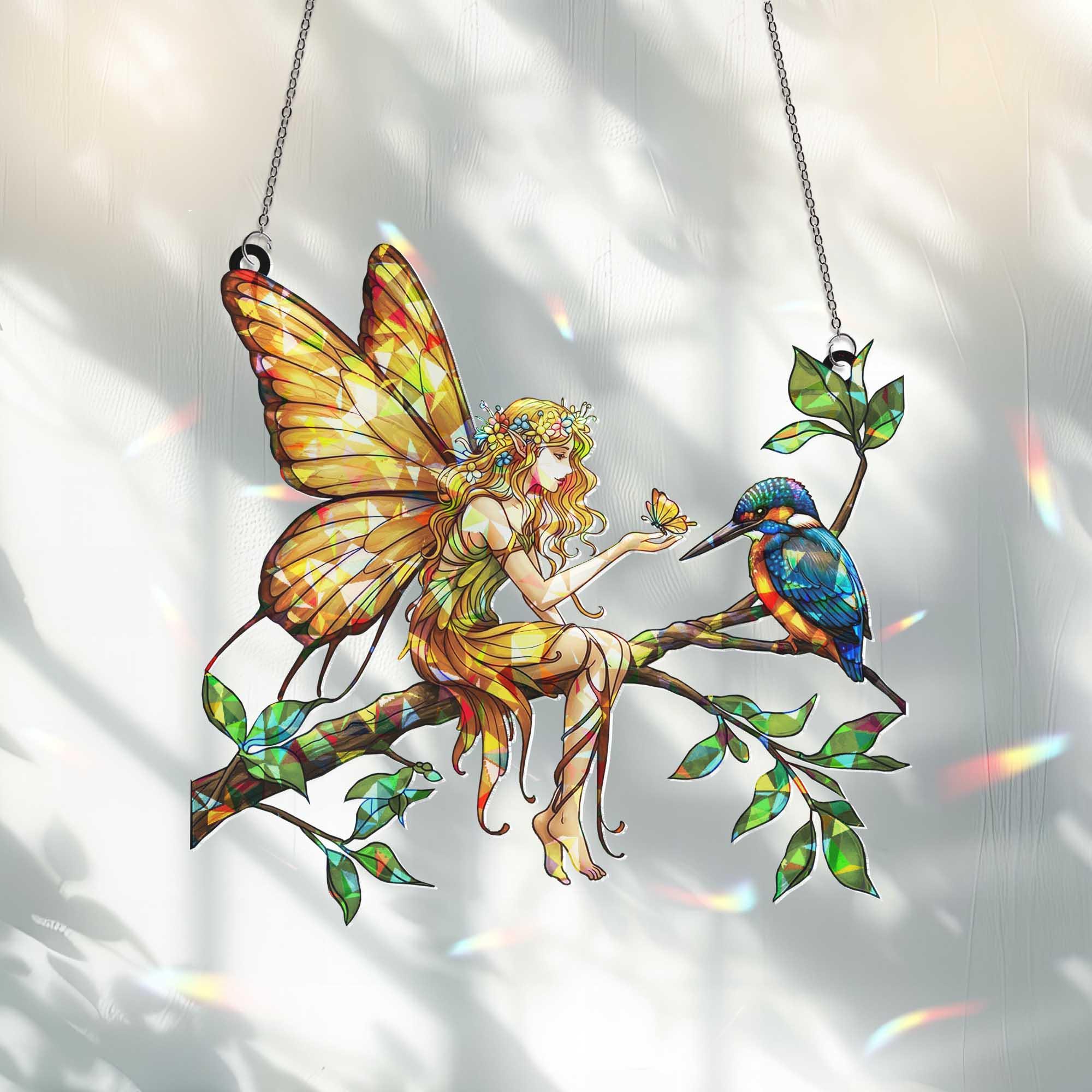 Fairy and Bird Hologram Window Hanging, Fantasy Suncatcher Decor, Fairy Art, Whimsical Woodland Gift