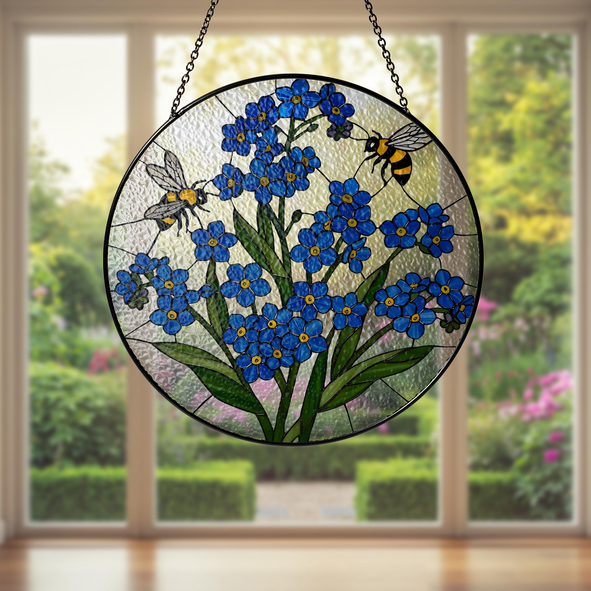 Bee and Forget Me Not Glass Suncatcher, Blue Floral Window Hanging, Stained Glass Style Decor, Garden Lover Gift, Bee Art Panel,Flower Decor