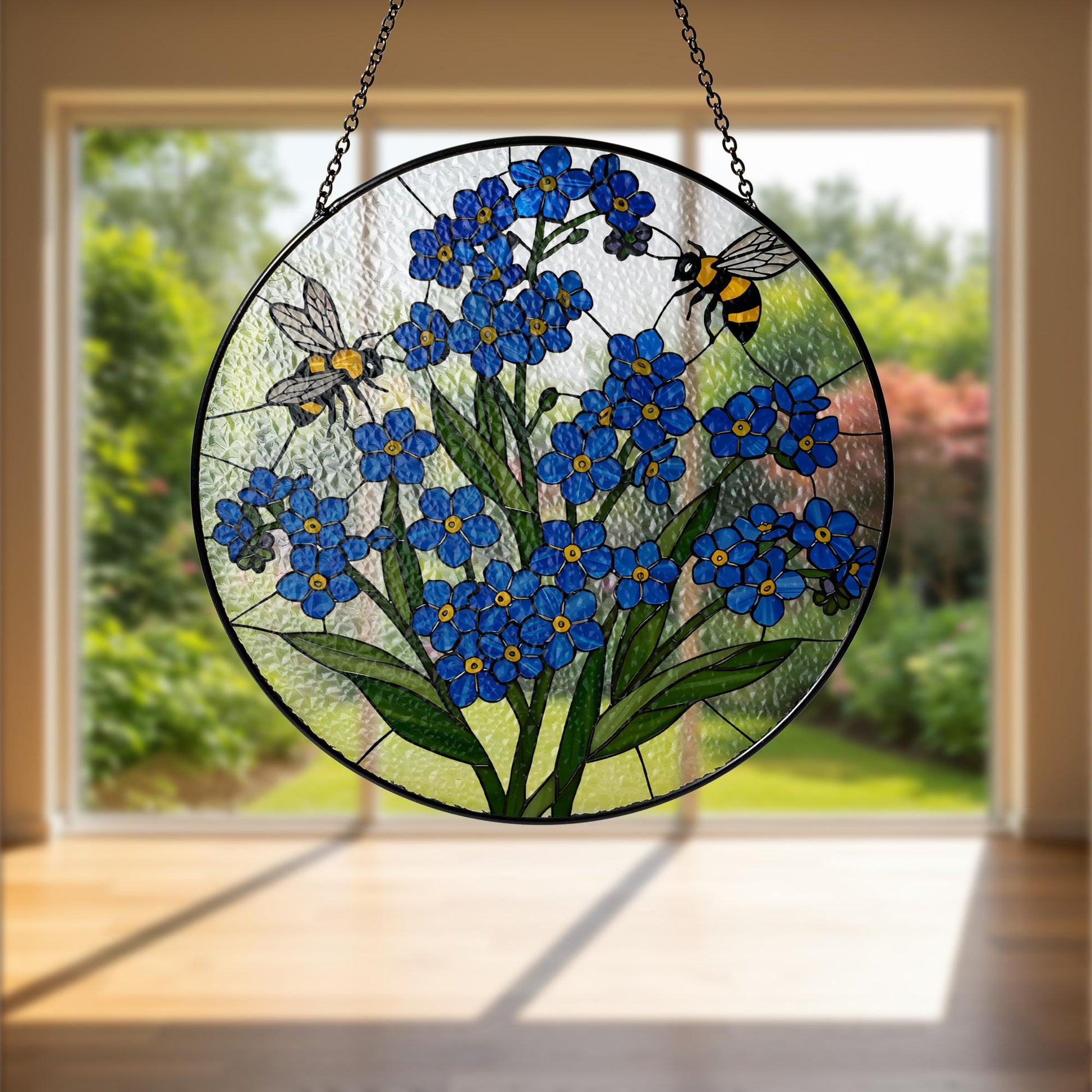 Bee and Forget Me Not Glass Suncatcher, Blue Floral Window Hanging, Stained Glass Style Decor, Garden Lover Gift, Bee Art Panel,Flower Decor