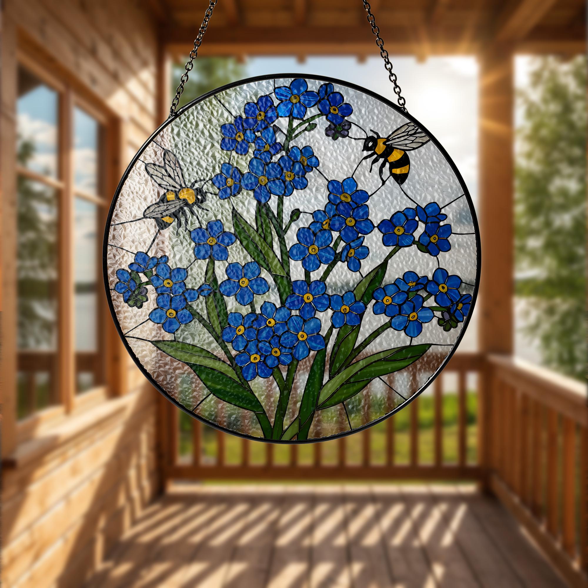 Bee and Forget Me Not Glass Suncatcher, Blue Floral Window Hanging, Stained Glass Style Decor, Garden Lover Gift, Bee Art Panel,Flower Decor