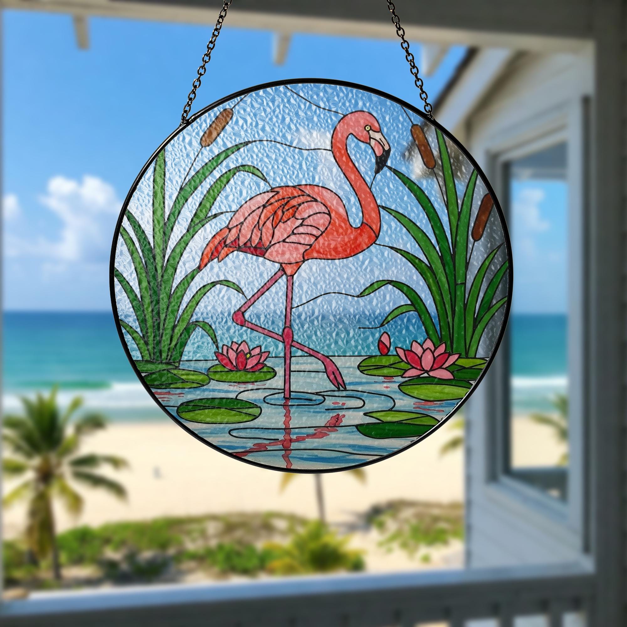 Flamingo Glass Suncatcher, Tropical Window Decor, Pink Bird Hanging Art, Beach House Decor, Boho Sun Catcher, Summer Gift, Summer Home Decor