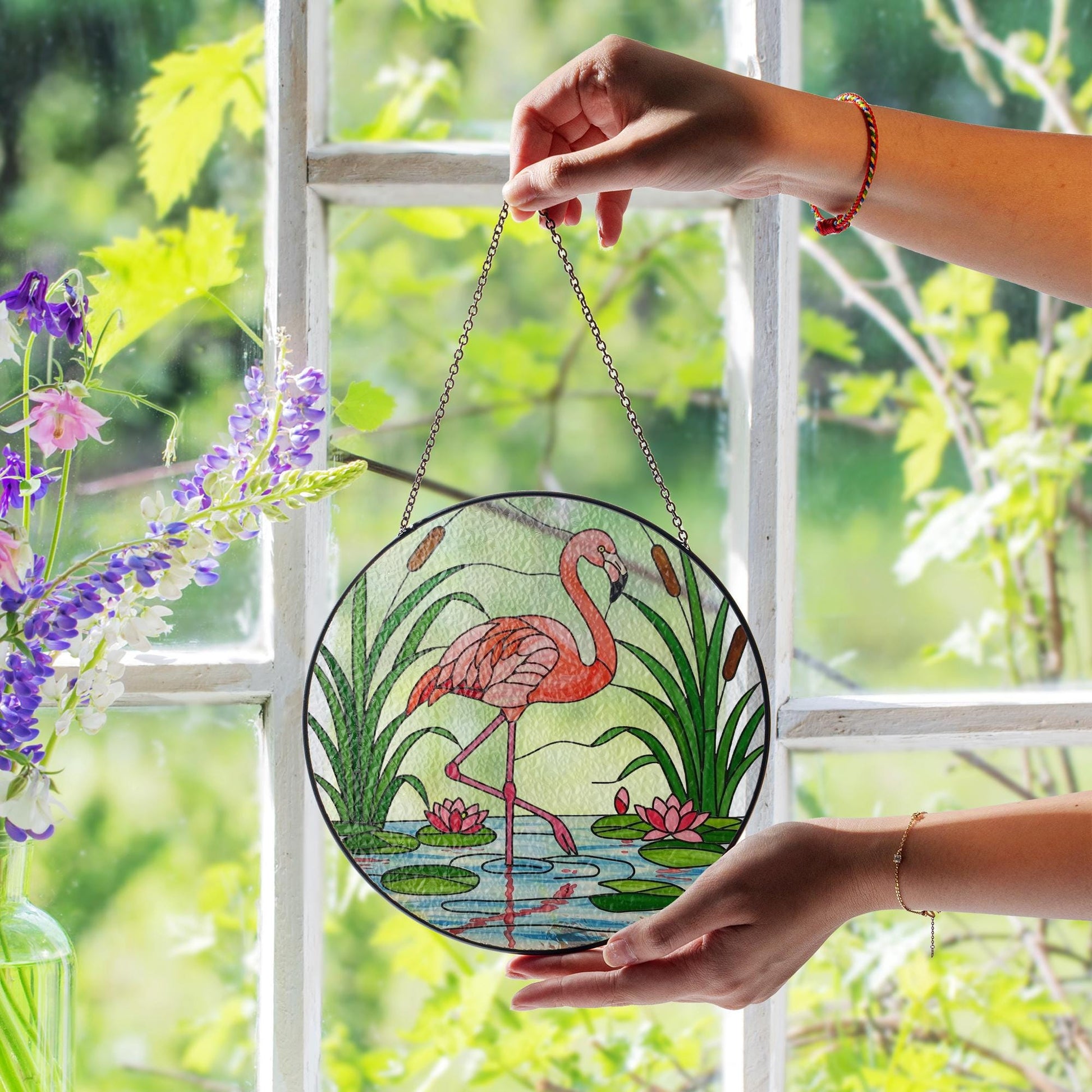 Flamingo Glass Suncatcher, Tropical Window Decor, Pink Bird Hanging Art, Beach House Decor, Boho Sun Catcher, Summer Gift, Summer Home Decor