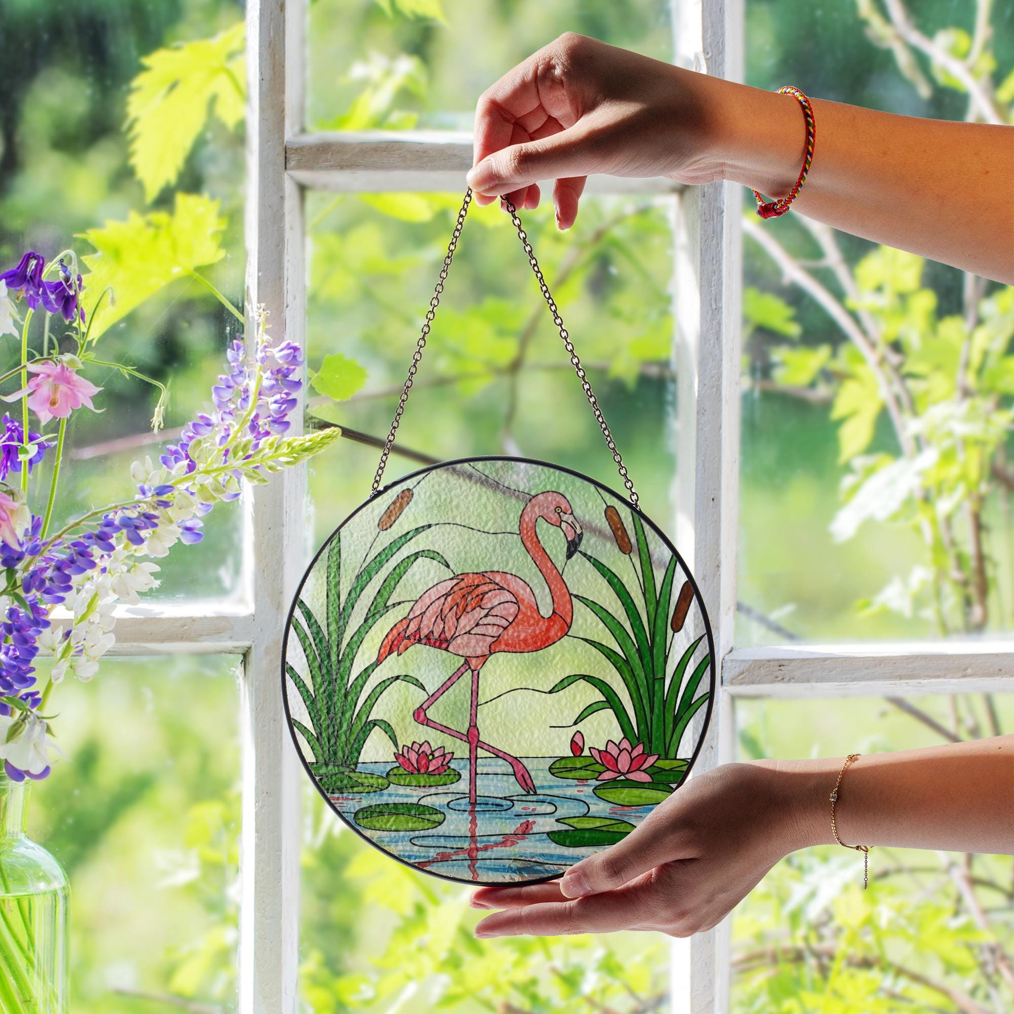 Flamingo Glass Suncatcher, Tropical Window Decor, Pink Bird Hanging Art, Beach House Decor, Boho Sun Catcher, Summer Gift, Summer Home Decor