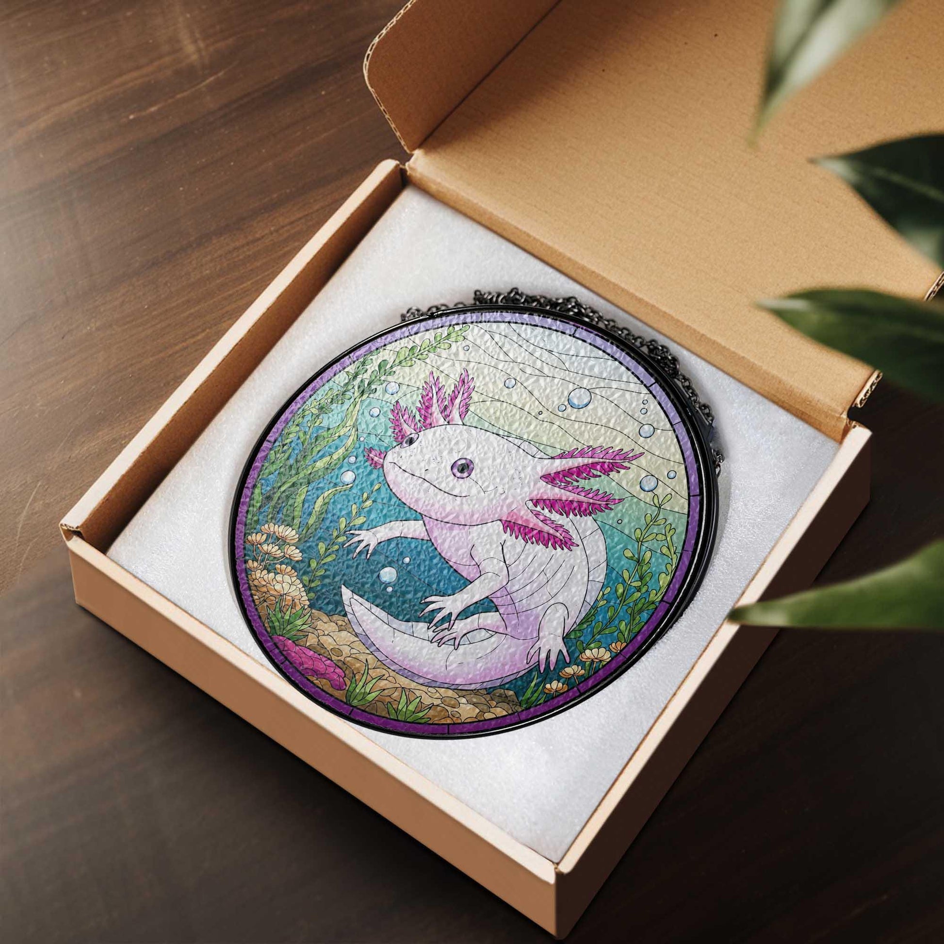 Cute Axolotl Glass Suncatcher, Aquatic Window Hanging, Stained Glass Style Amphibian Decor, Unique Gift for Animal Lovers