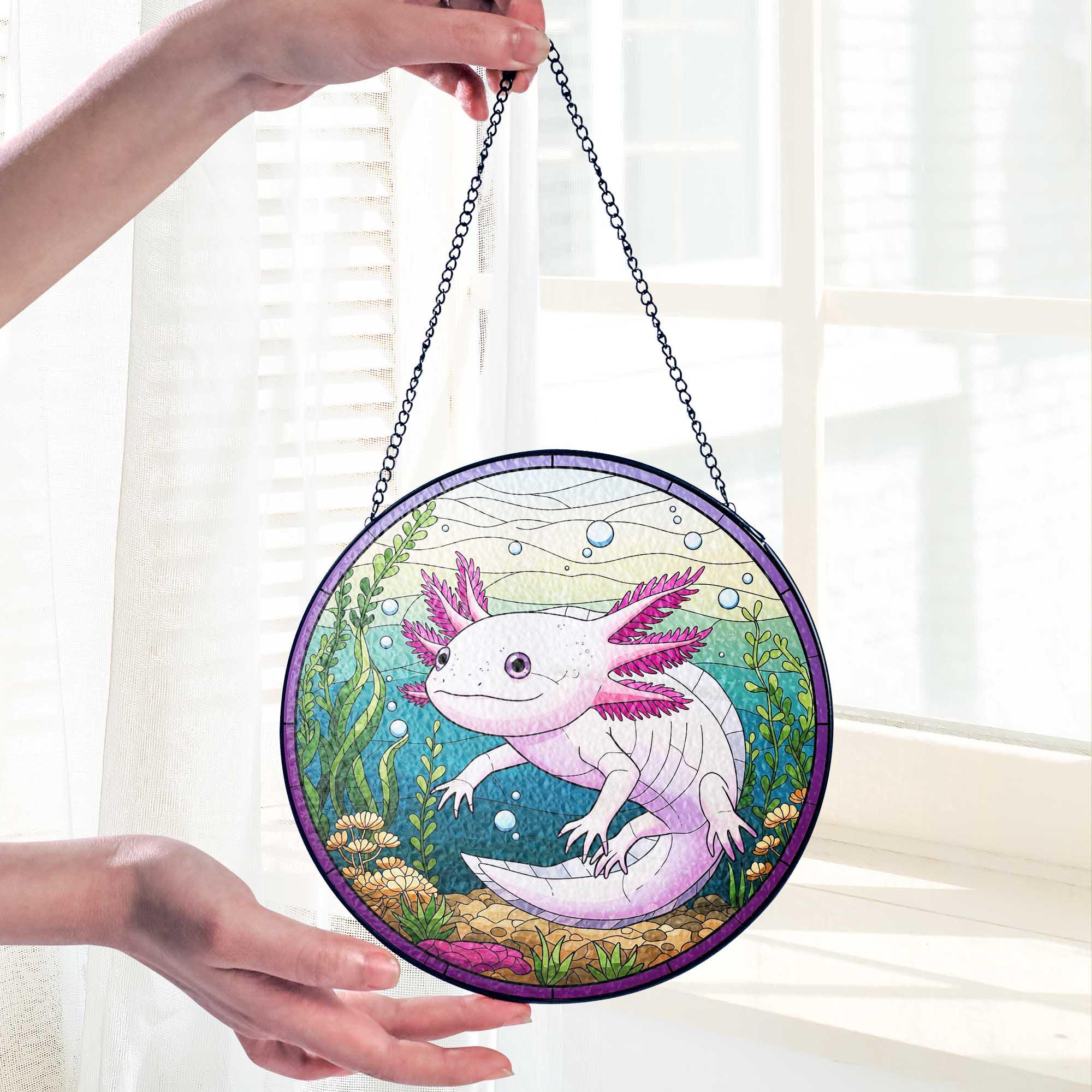 Cute Axolotl Glass Suncatcher, Aquatic Window Hanging, Stained Glass Style Amphibian Decor, Unique Gift for Animal Lovers