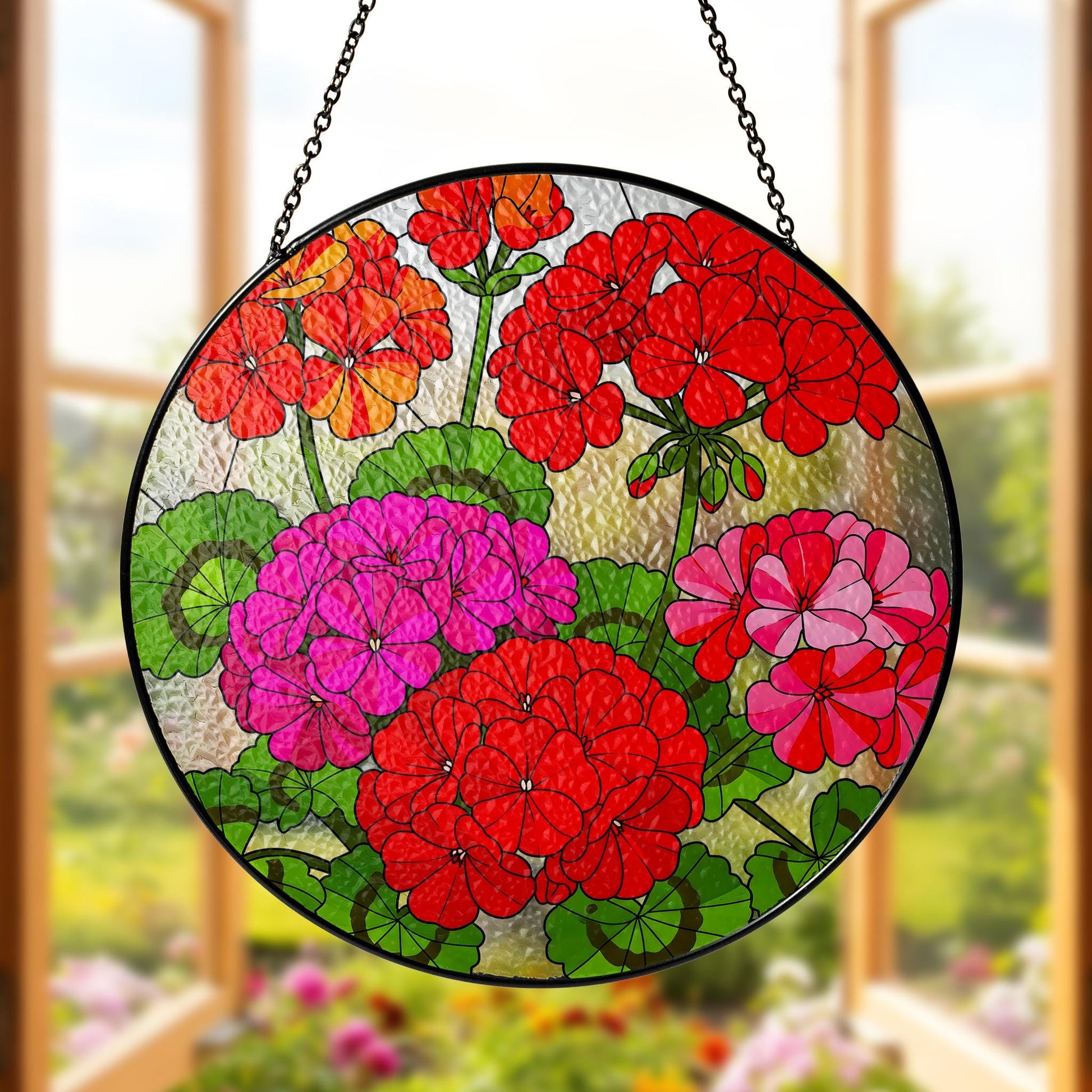 Geranium Flowers Glass Suncatcher, Round Floral Window Hanging, Vibrant Red Pink Orange Home Decor, Flower Lover Gift