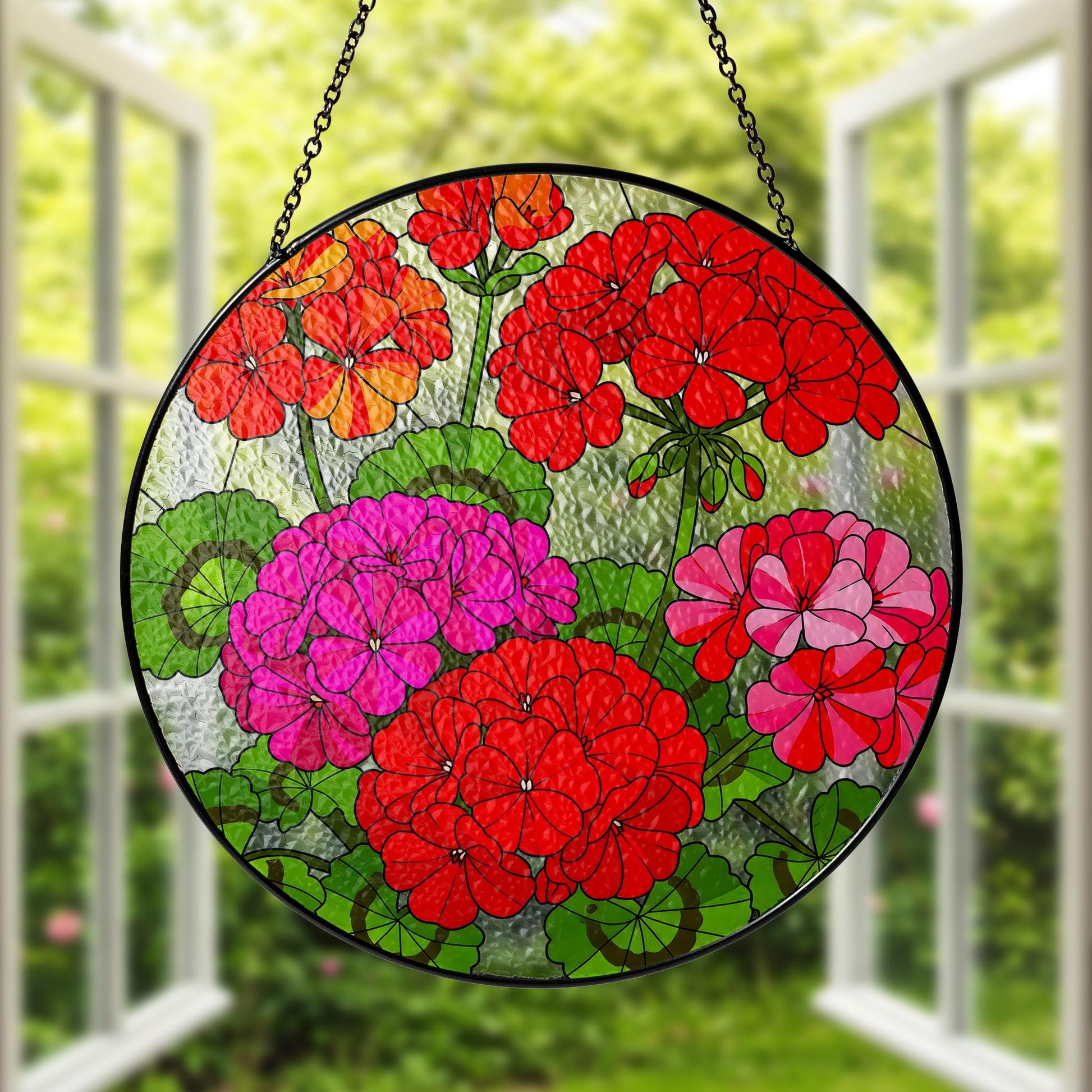 Geranium Flowers Glass Suncatcher, Round Floral Window Hanging, Vibrant Red Pink Orange Home Decor, Flower Lover Gift