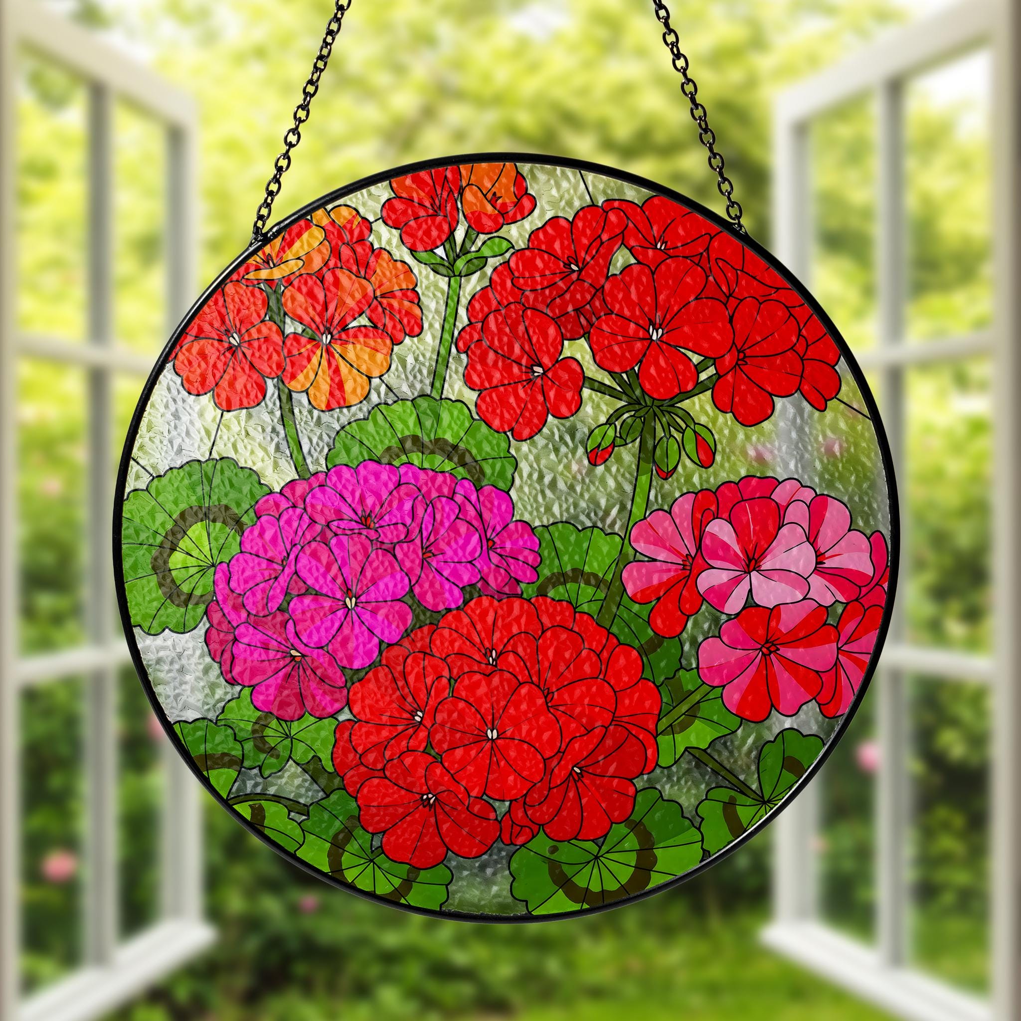Geranium Flowers Glass Suncatcher, Round Floral Window Hanging, Vibrant Red Pink Orange Home Decor, Flower Lover Gift