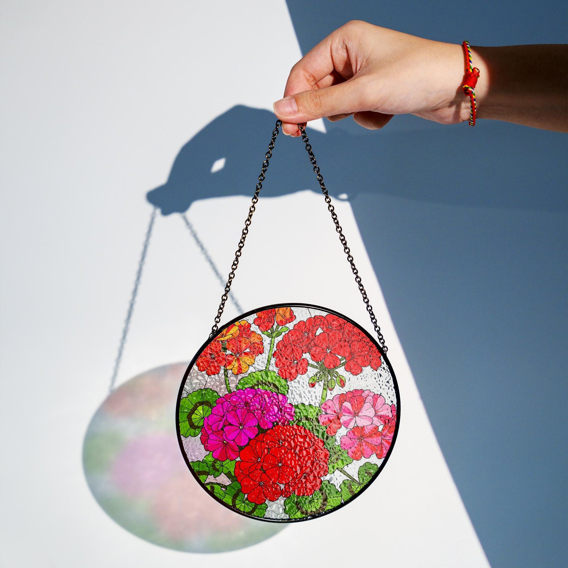 Geranium Flowers Glass Suncatcher, Round Floral Window Hanging, Vibrant Red Pink Orange Home Decor, Flower Lover Gift
