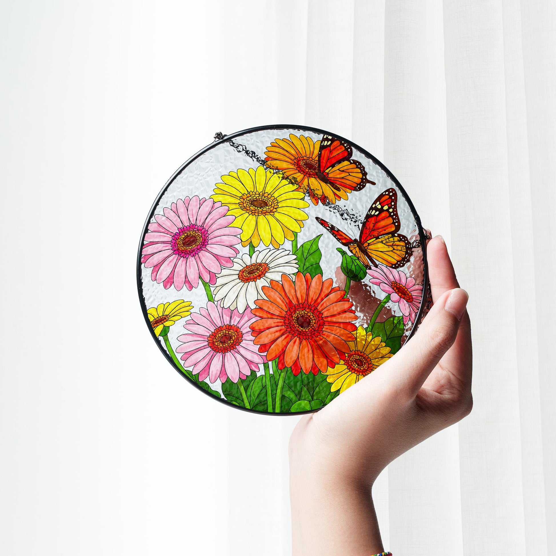 Colorful Gerber Daisy & Butterfly Glass Suncatcher, Round Window Hanging, Garden Mom Gift, Spring Home Decor, Gift for Her