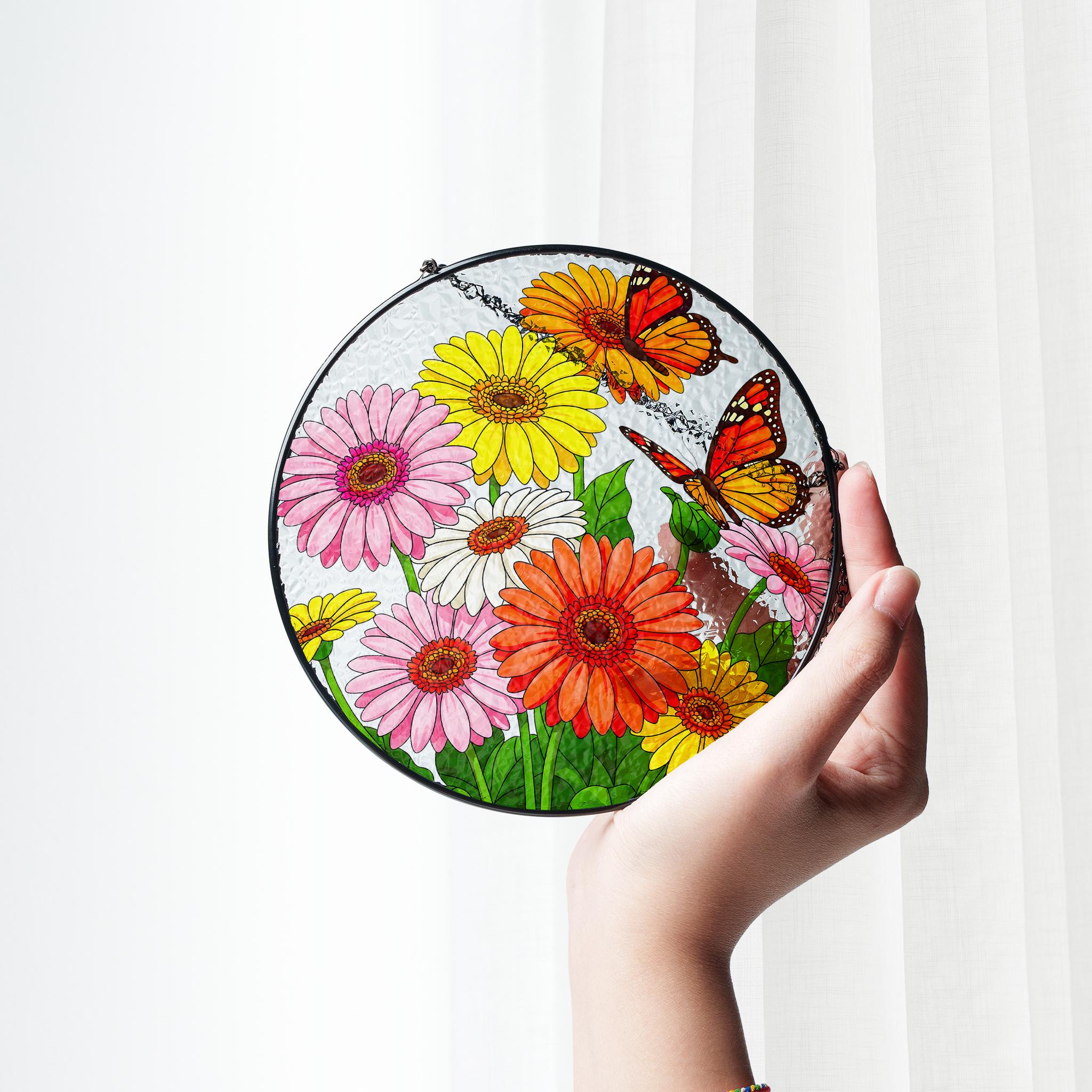 Colorful Gerber Daisy & Butterfly Glass Suncatcher, Round Window Hanging, Garden Mom Gift, Spring Home Decor, Gift for Her