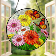 Colorful Gerber Daisy & Butterfly Glass Suncatcher, Round Window Hanging, Garden Mom Gift, Spring Home Decor, Gift for Her