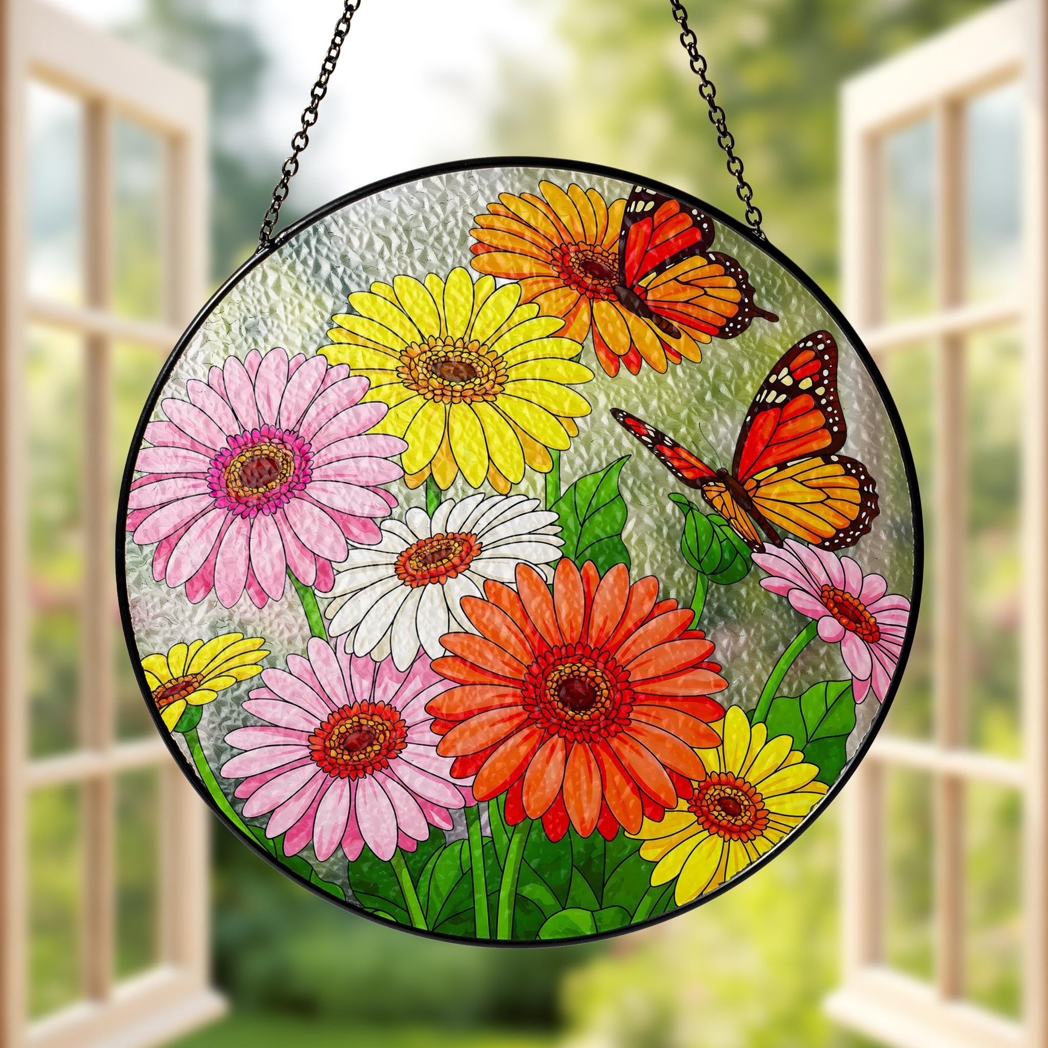 Colorful Gerber Daisy & Butterfly Glass Suncatcher, Round Window Hanging, Garden Mom Gift, Spring Home Decor, Gift for Her