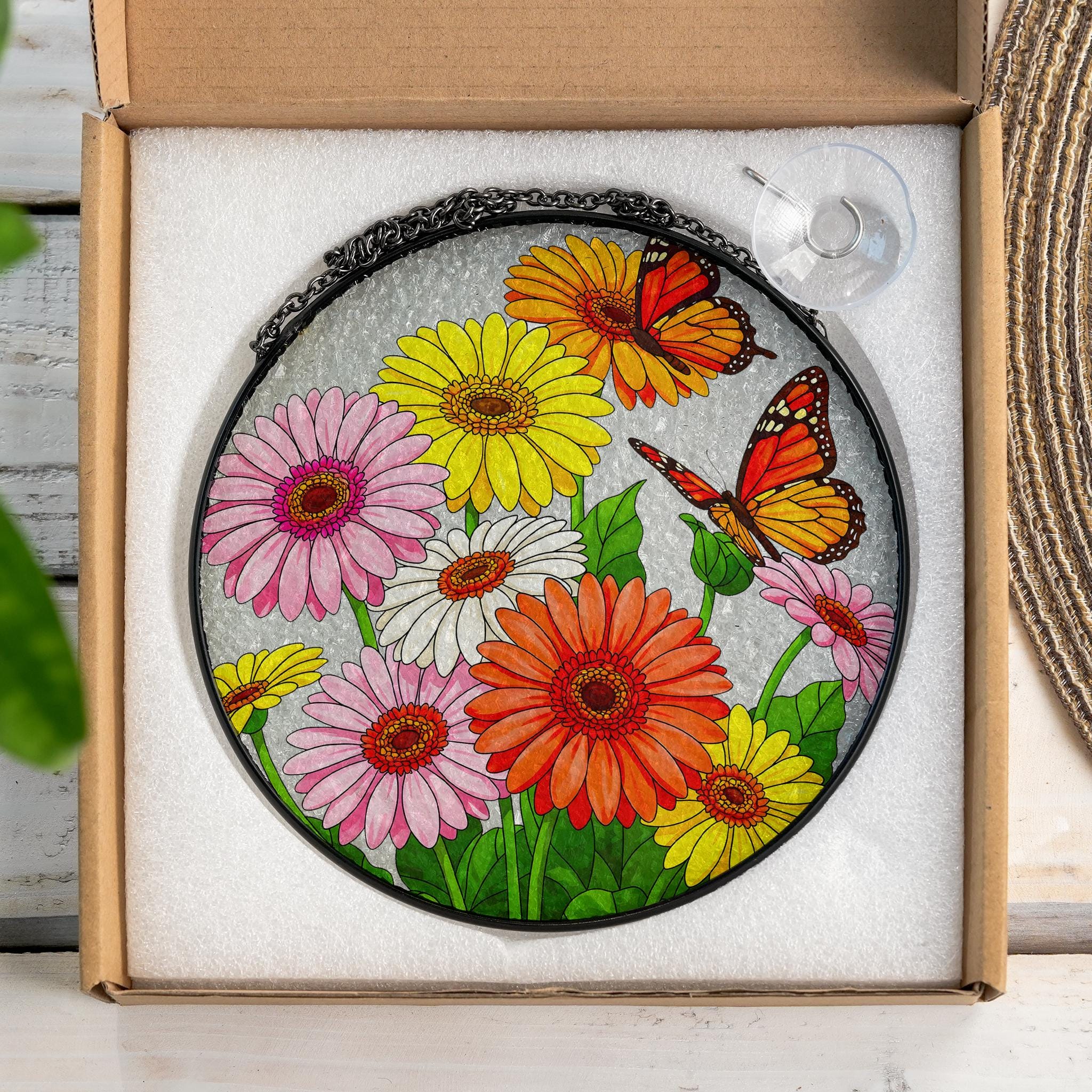Colorful Gerber Daisy & Butterfly Glass Suncatcher, Round Window Hanging, Garden Mom Gift, Spring Home Decor, Gift for Her