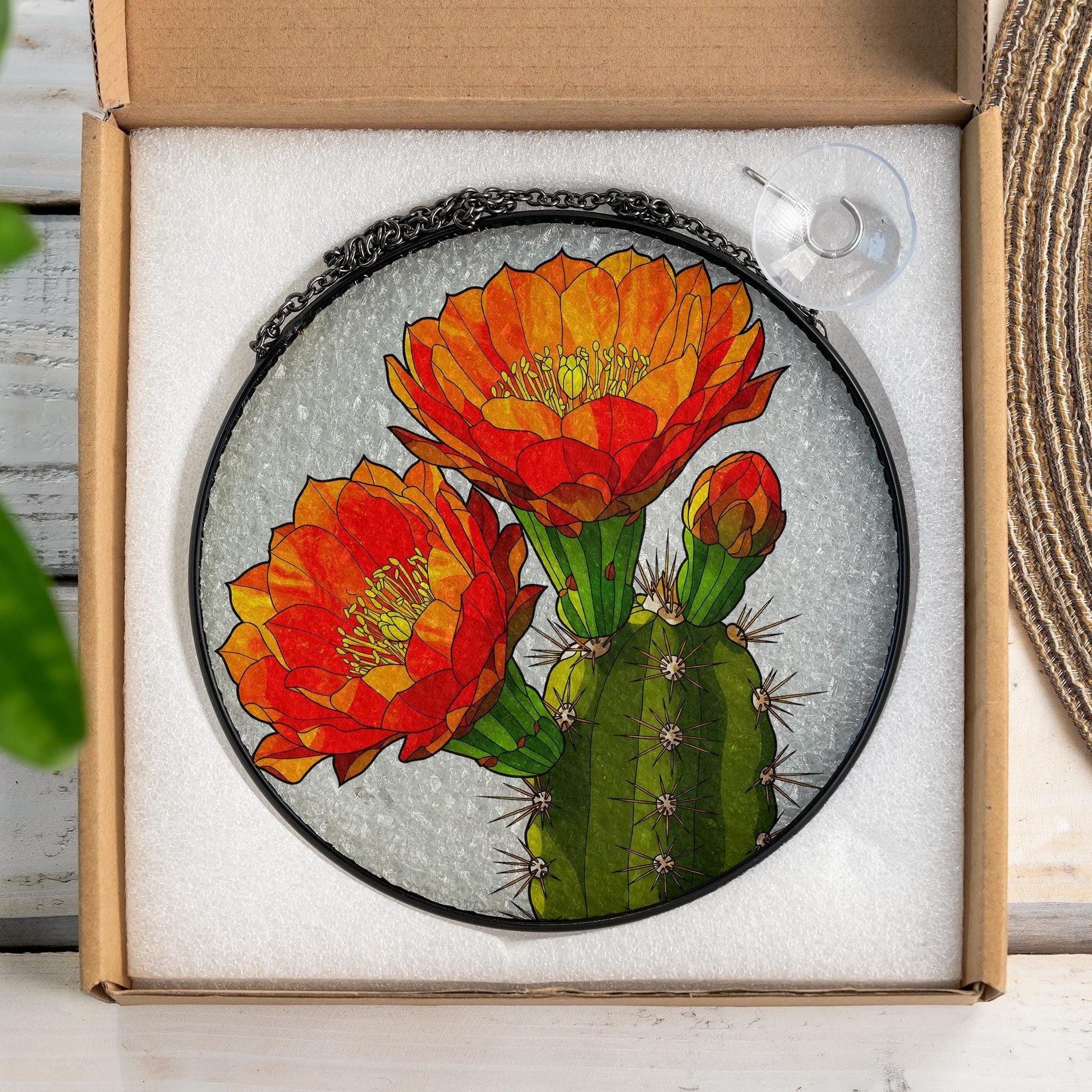 Saguaro Cactus Flower Glass Suncatcher, Round Window Hanging, Vibrant Desert Bloom Art, Botanical Home Decor, Nature Lover Gift