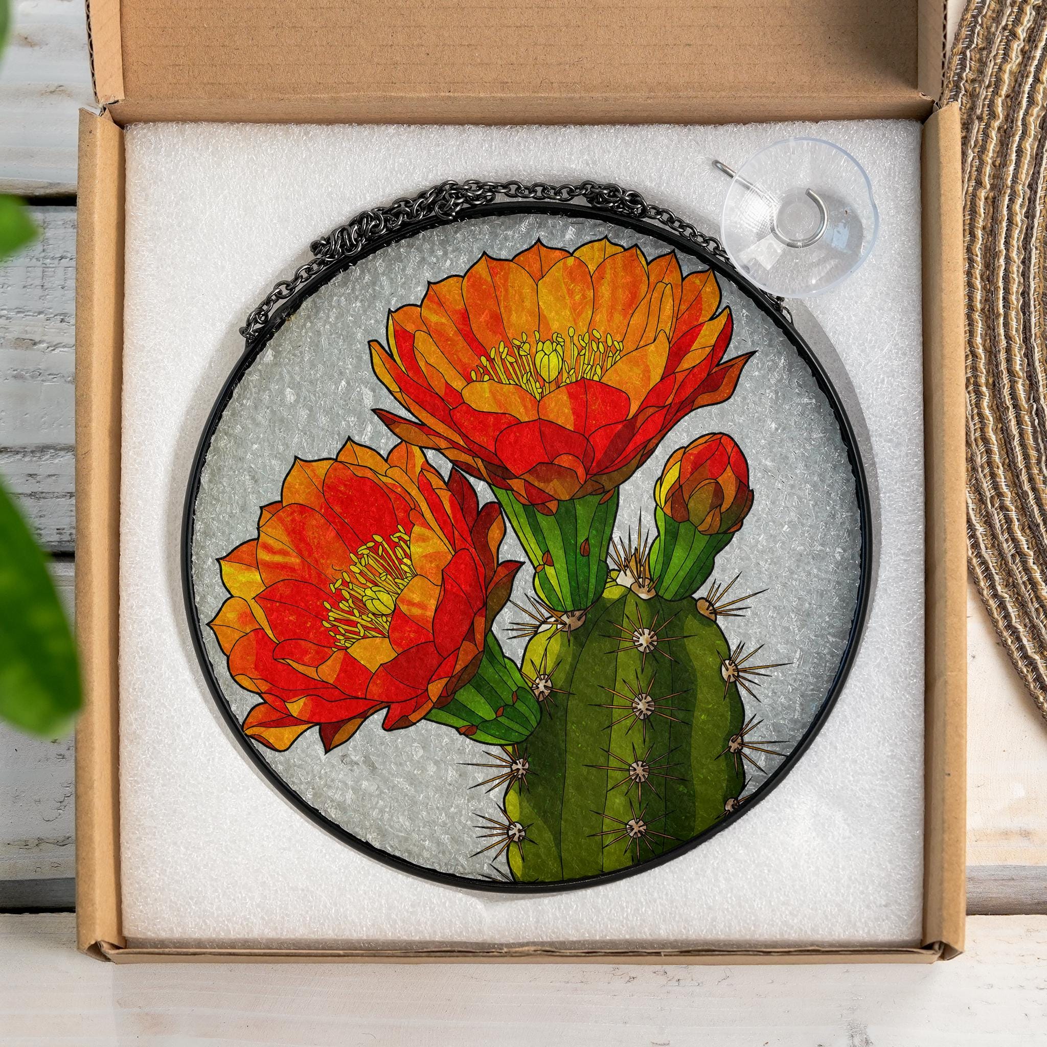 Saguaro Cactus Flower Glass Suncatcher, Round Window Hanging, Vibrant Desert Bloom Art, Botanical Home Decor, Nature Lover Gift