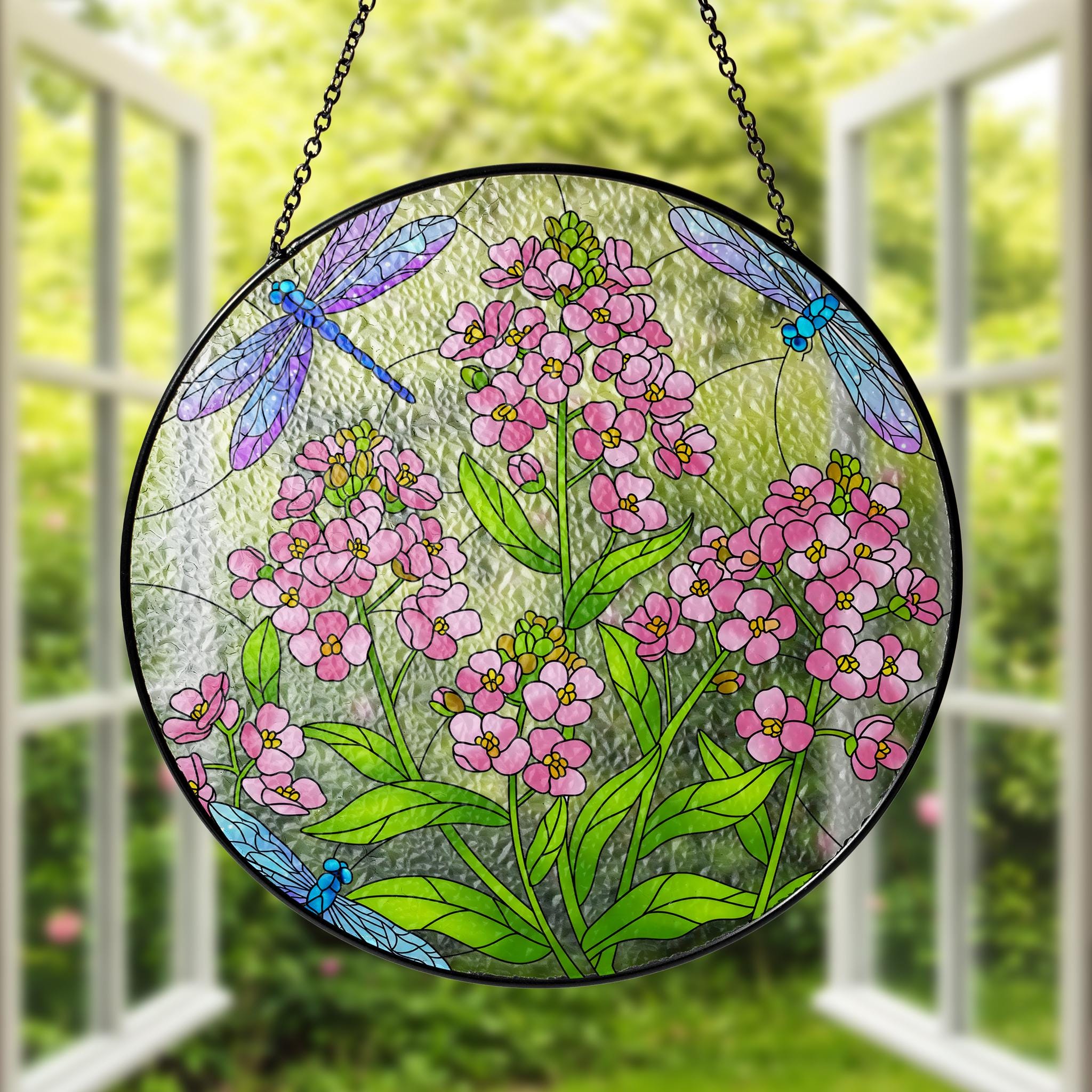 Dragonfly & Sweet Alyssum Glass Suncatcher, Round Pink Floral Window Hanging, Nature Inspired Art, Handcrafted Home Decor Gift