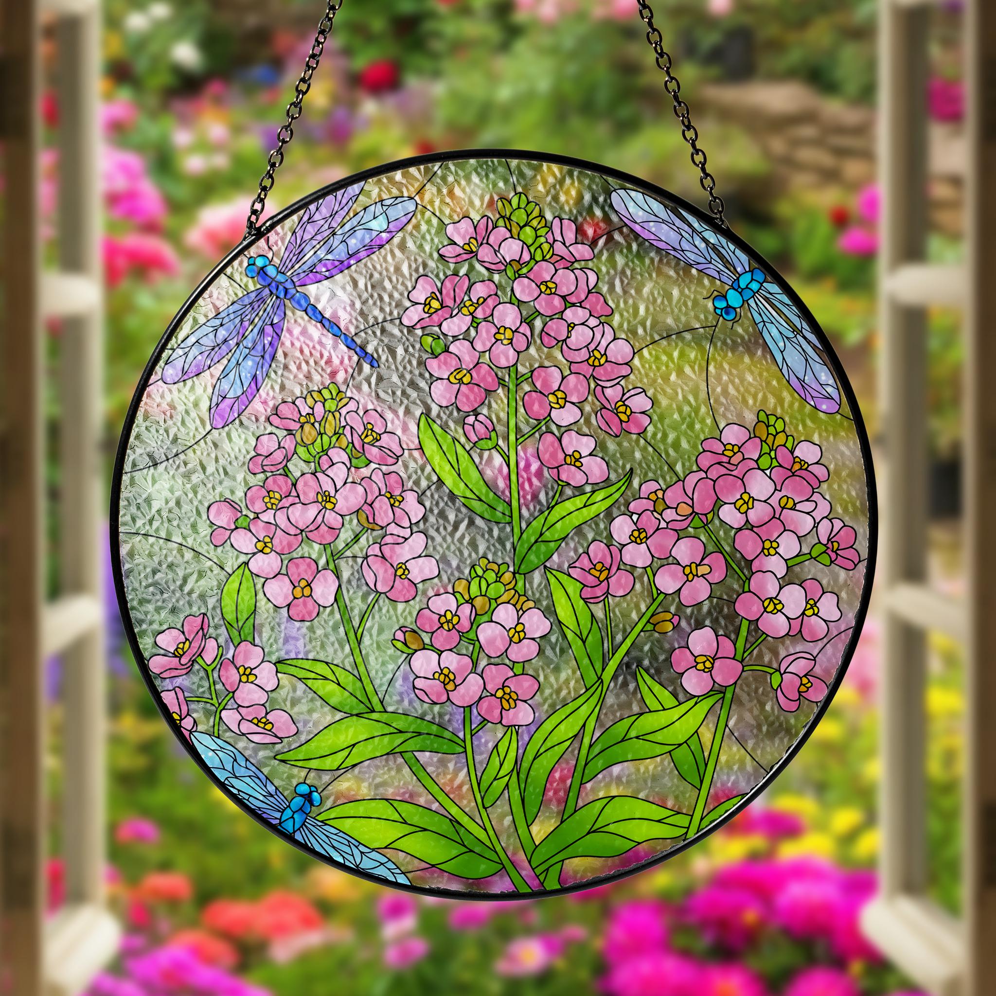 Dragonfly & Sweet Alyssum Glass Suncatcher, Round Pink Floral Window Hanging, Nature Inspired Art, Handcrafted Home Decor Gift