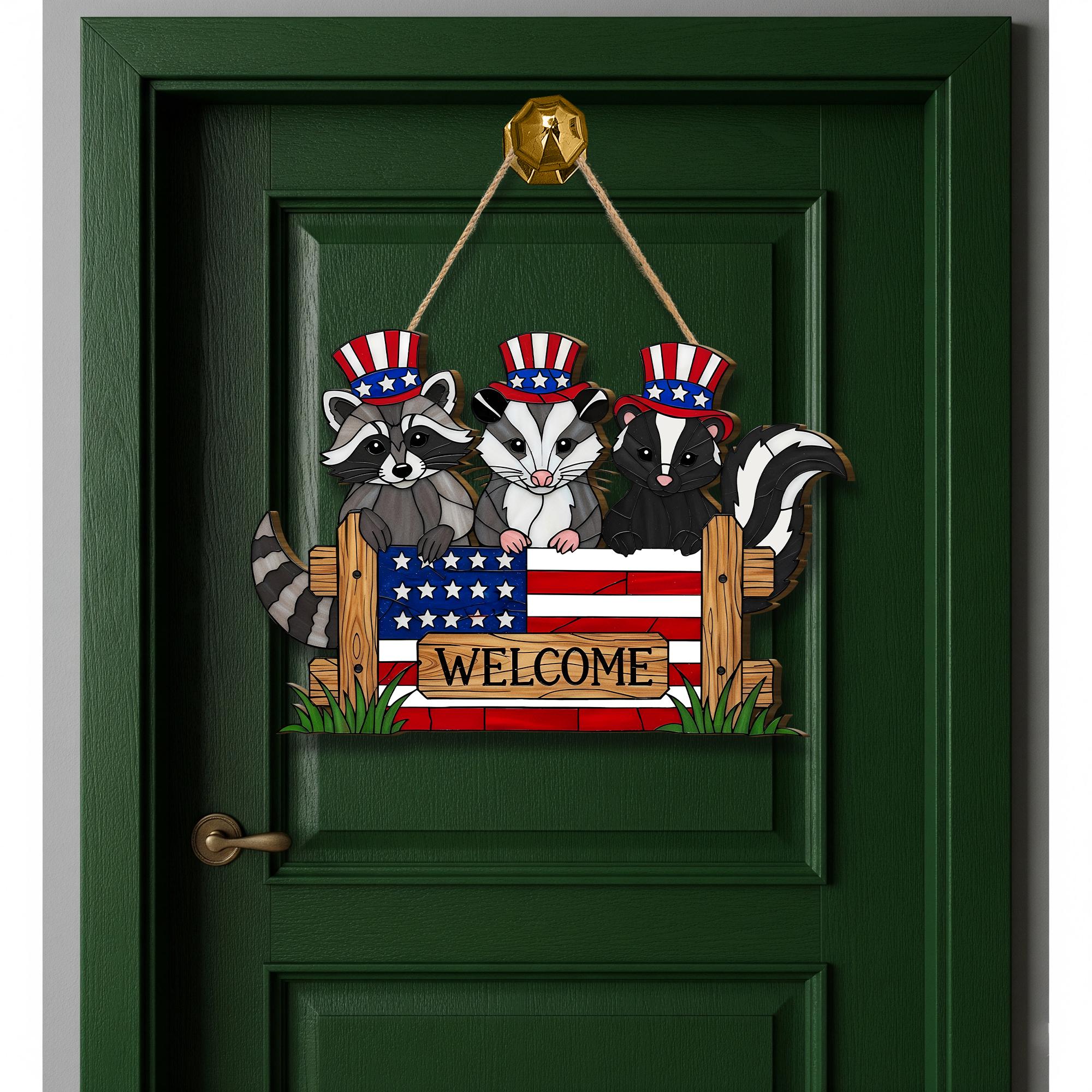 Peeking Patriotic Raccoon Possum Skunk Welcome Sign, 4th of July Door Hanger, Funny Animal USA Decor, Rustic Sign,4th July Trash Panda Decor