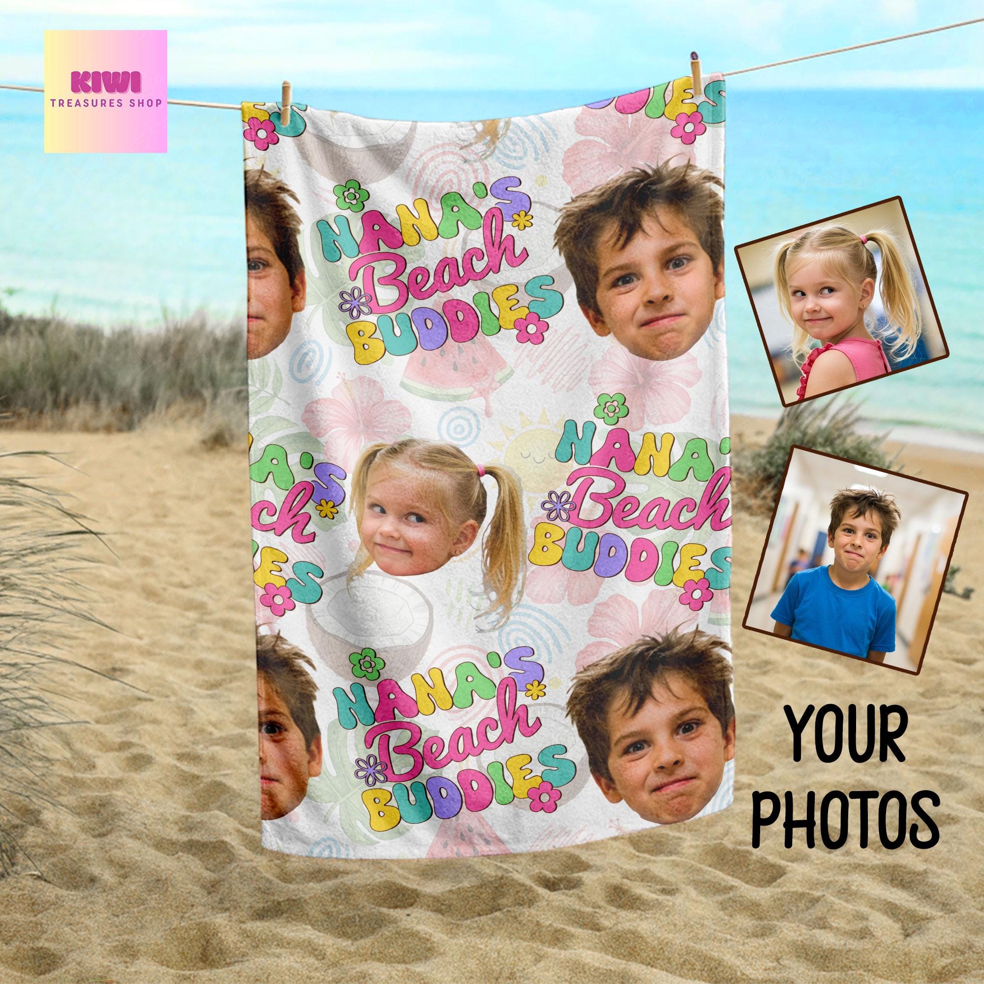 Custom Face Beach Buddies Towel – Nana’s Summer Gift with Grandkids’ Photos, Personalized Pool Towel for Mom, Grandma, or Mimi