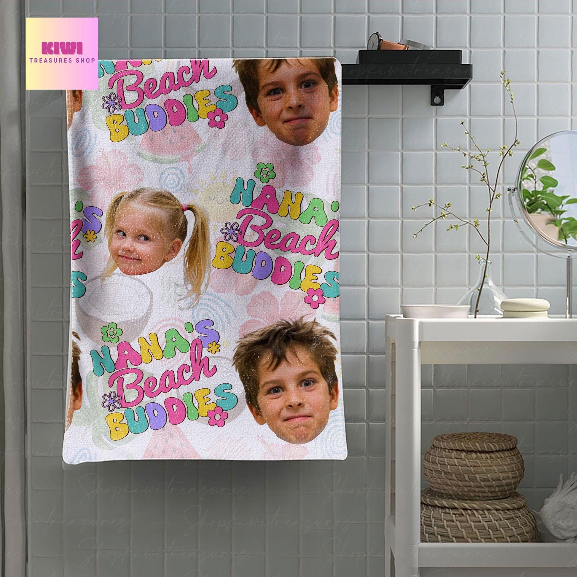 Custom Face Beach Buddies Towel – Nana’s Summer Gift with Grandkids’ Photos, Personalized Pool Towel for Mom, Grandma, or Mimi