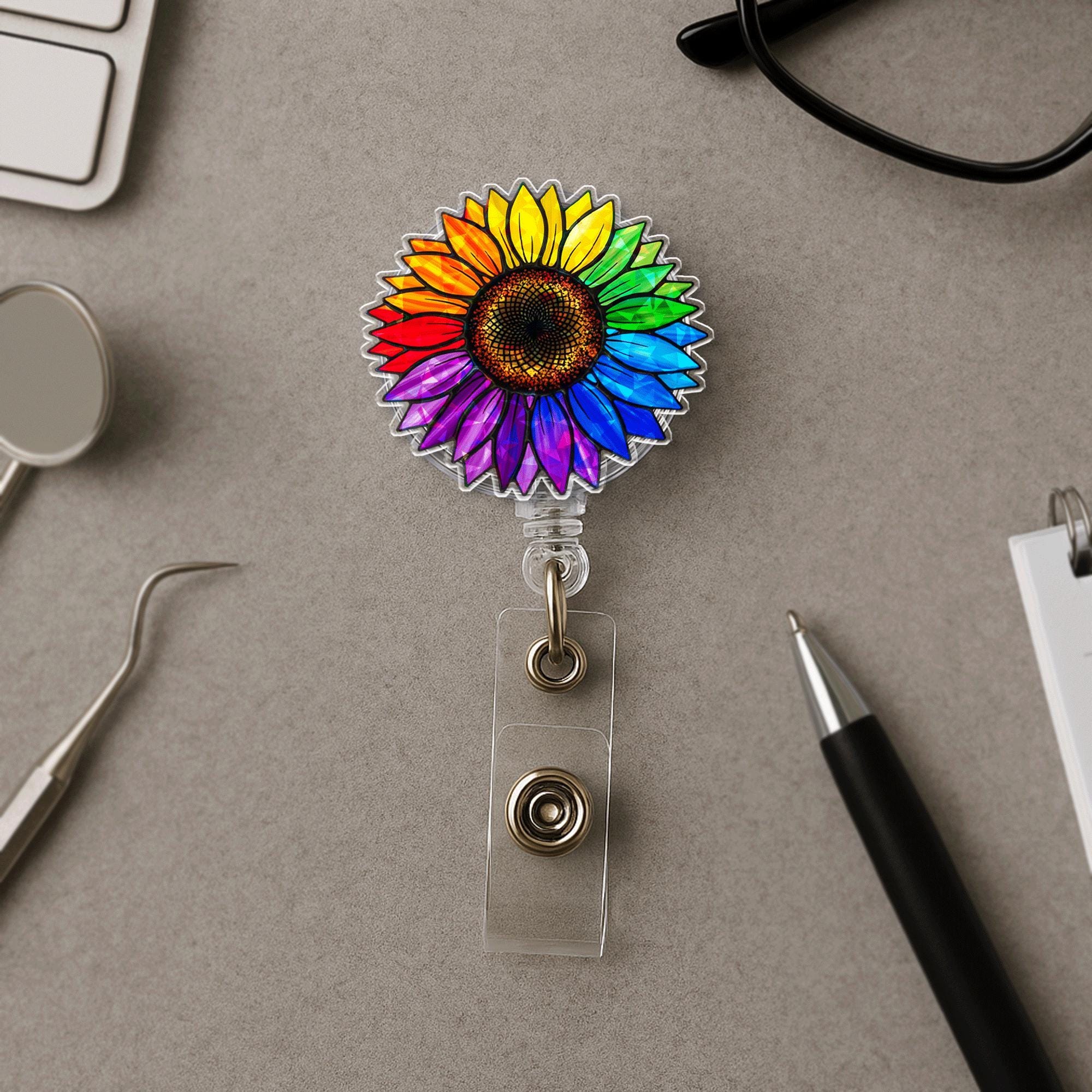 Rainbow Sunflower Badge Reel | LGBTQ+ Pride ID Holder | Colorful Retractable Clip | Nurse Badge for Pride Month | Floral Pride Gift