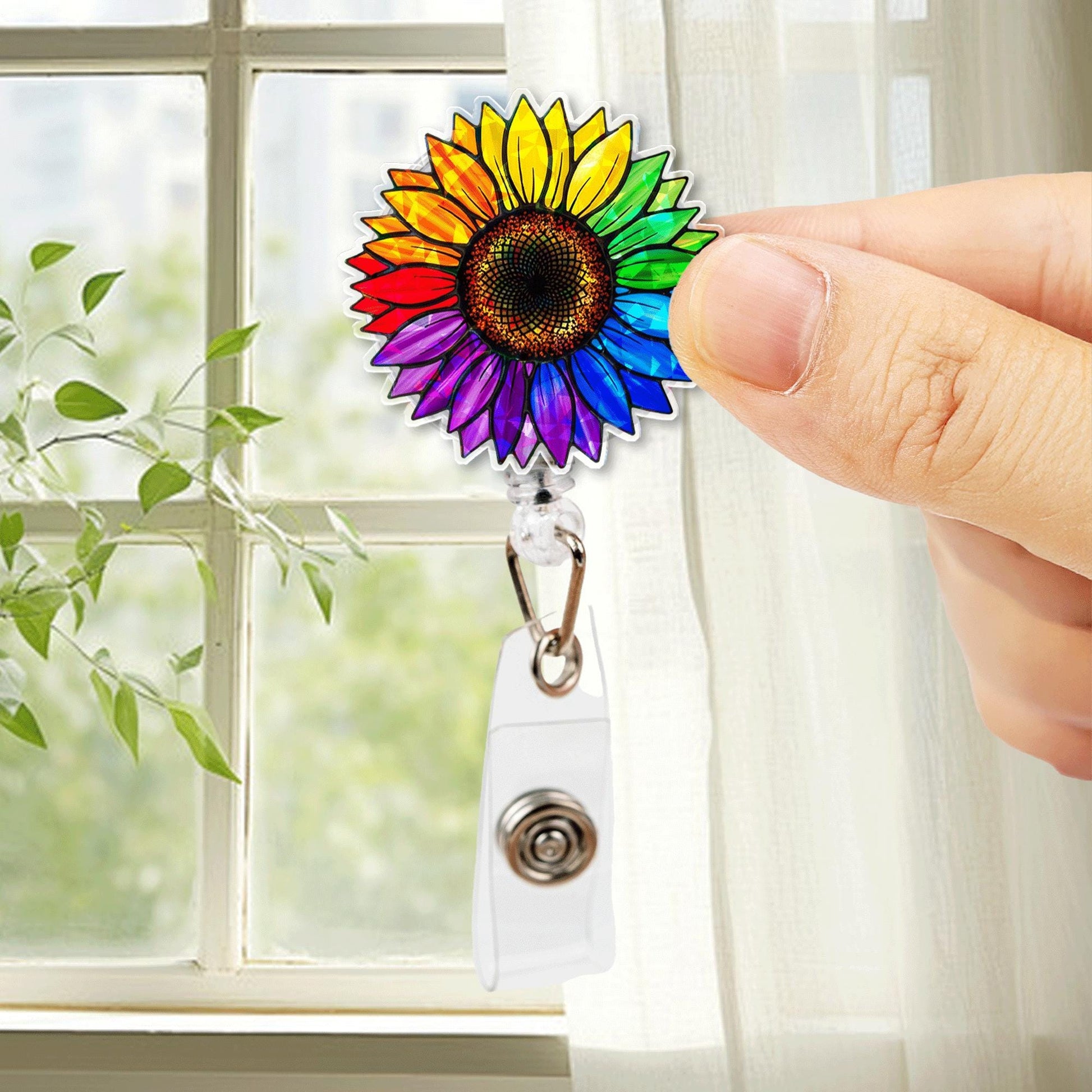 Rainbow Sunflower Badge Reel | LGBTQ+ Pride ID Holder | Colorful Retractable Clip | Nurse Badge for Pride Month | Floral Pride Gift