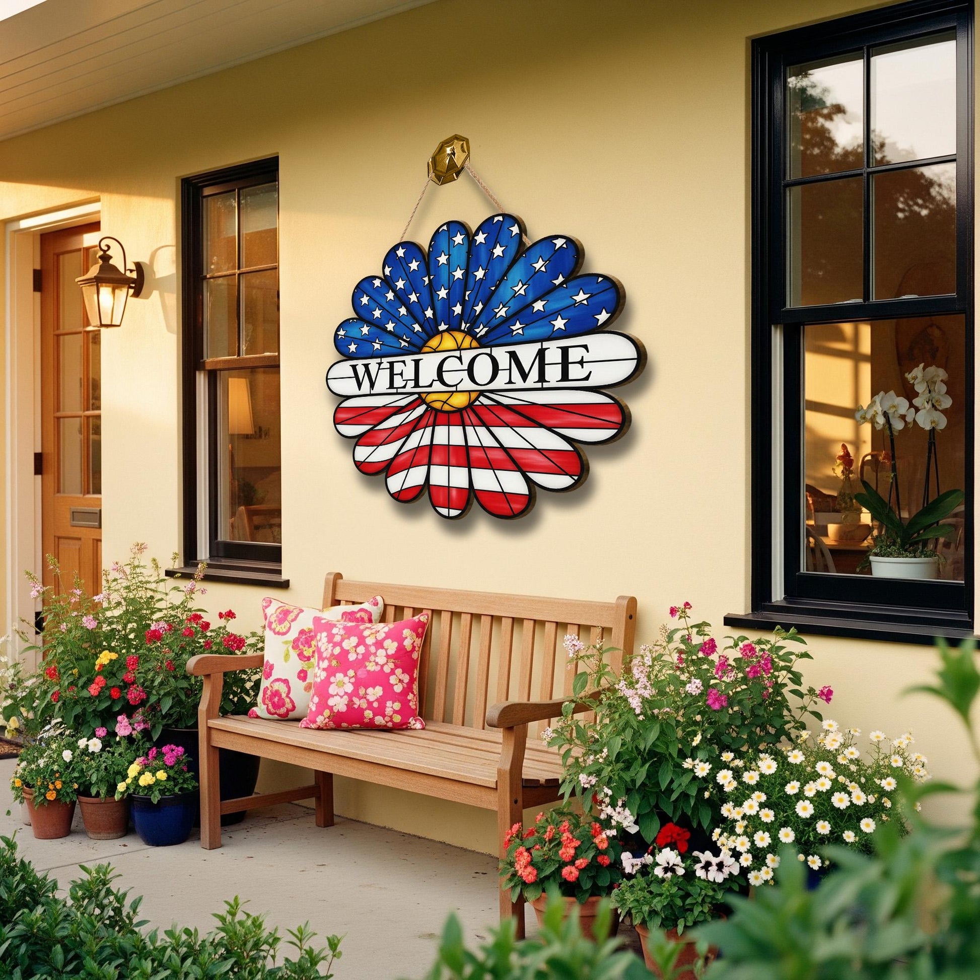 Patriotic Daisy Door Sign, 4th of July Welcome Sign, USA Flower Hanger, Red White Blue Decor, Wooden Summer Door Hanging