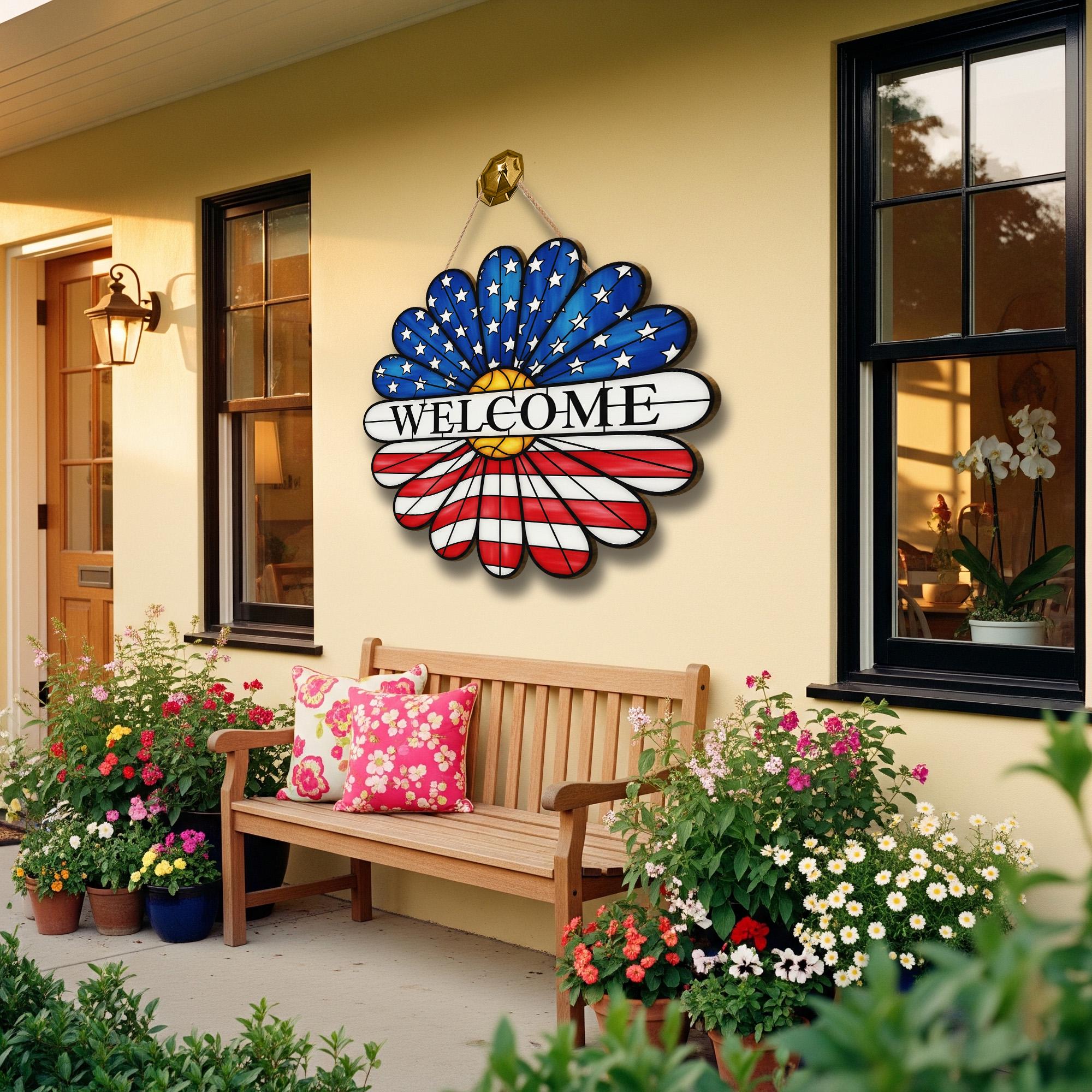 Patriotic Daisy Door Sign, 4th of July Welcome Sign, USA Flower Hanger, Red White Blue Decor, Wooden Summer Door Hanging